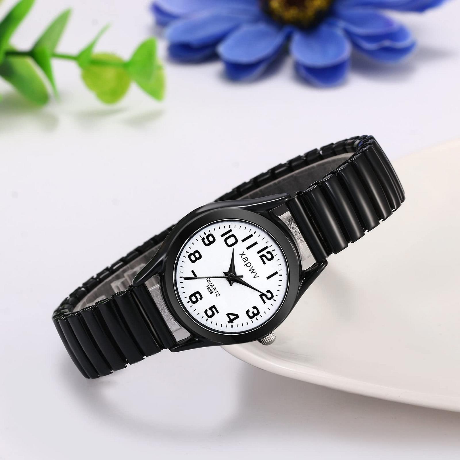 Наручные часы OIDEA Elastic для пар: винтажный прозрачный крупный шрифт аналоговый кварцевый механизм Unisex расширяющийся браслет черный золотой серебряный, фото №5