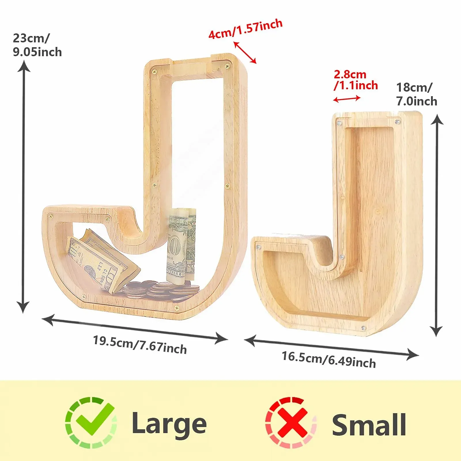 Скарбничка дерев'яна у формі літери J Прозора 23 x 4 x 23 см персоналізована, фото №2