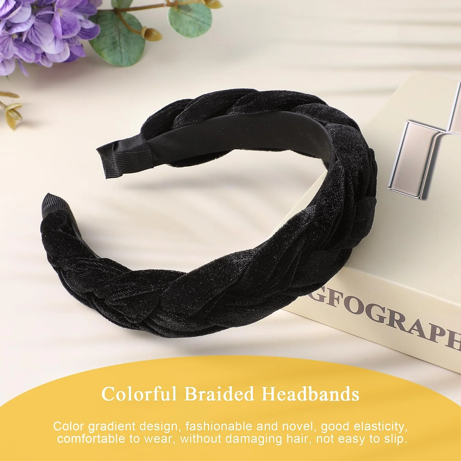 Обруч для волосся оксамитовий плетений чорний широкий, фото №4