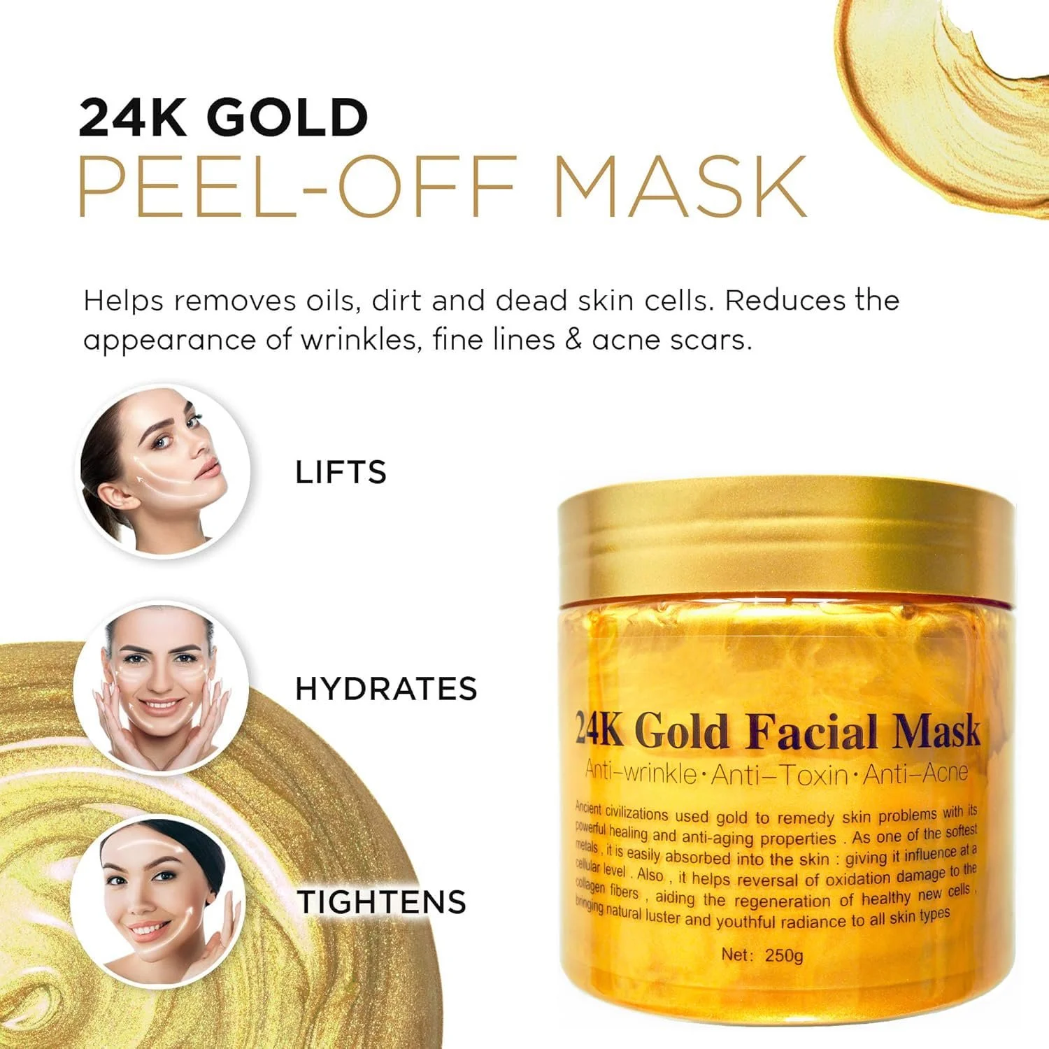 Маска для обличчя 24k Gold Peel Off, антивікова маска для обличчя, фото №4