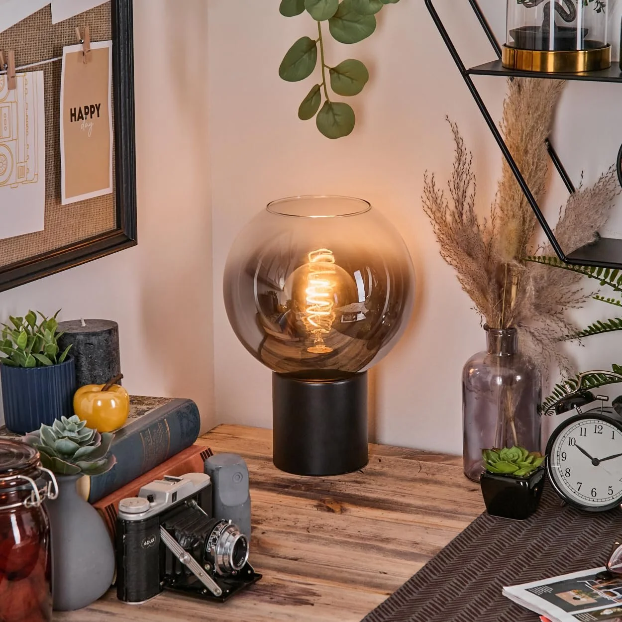 Настільна лампа HOFSTEIN Koyoto метал/скло Ø 20 см E27 Чорний/Димчастий/Прозорий, фото №7