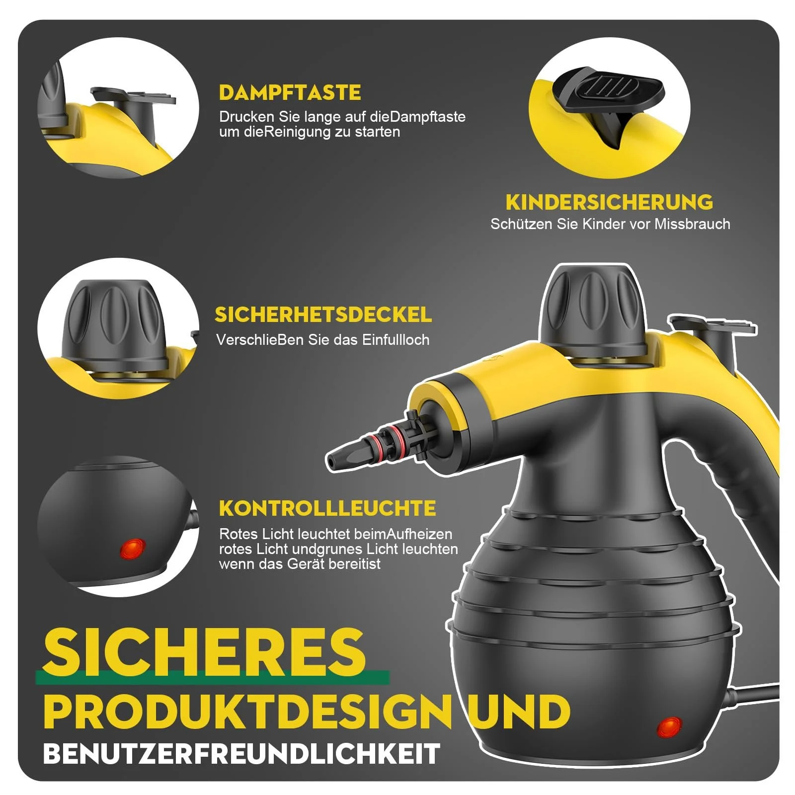 Пароочисник Örrnvte Ручний, 1050 Вт, з 9 аксесуарами для підлоги, кухні, вікон, ванної кімнати, дивану, килимів, автомобіля та швів, фото №3