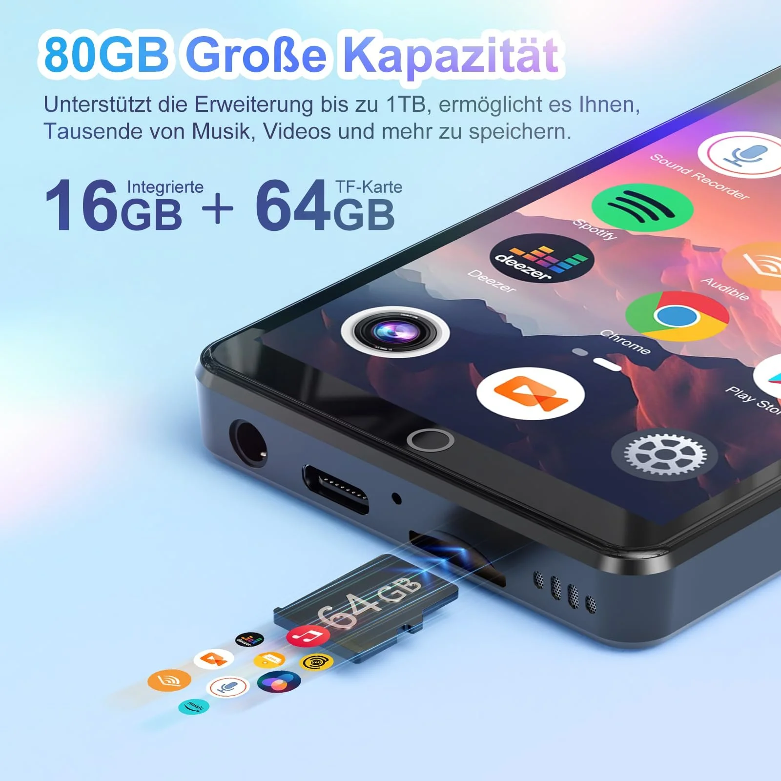 MP3 плеєр з Bluetooth і WiFi 80 GB, сенсорний екран 4.02 дюйма, з камерою, Android, Spotify, Audible, Amazon Music, Deezer, HiFi, з динаміком, FM-радіо, фото №4
