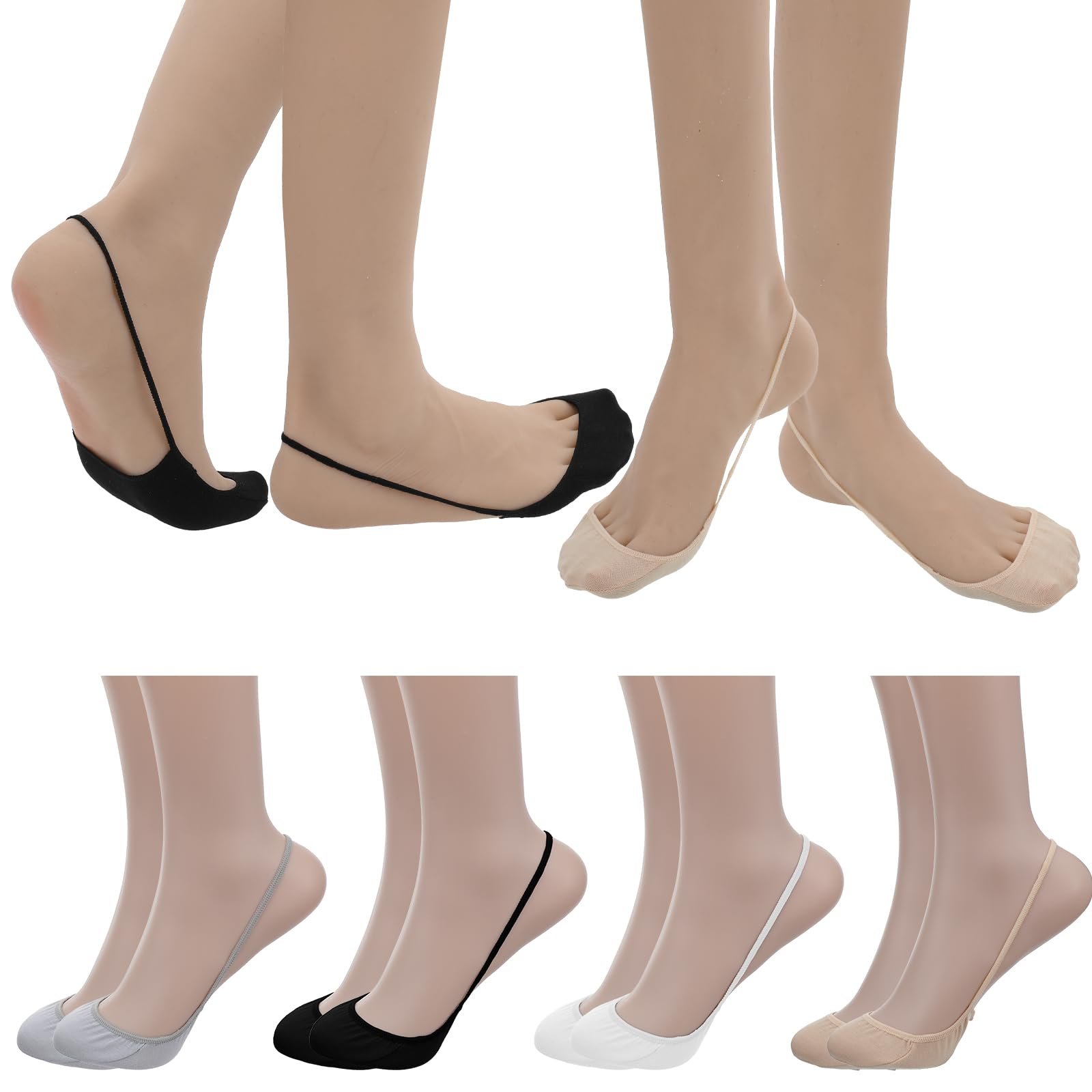 Носки ультракороткие невидимые 8 пар, Мягкие балетки, Дышащие хлопковые носки до щиколотки, Женские, Нескользящие полуноски, Летние для босоножек, Размер 35-40 (Черный/Белый/Серый/Телесный), фото №1