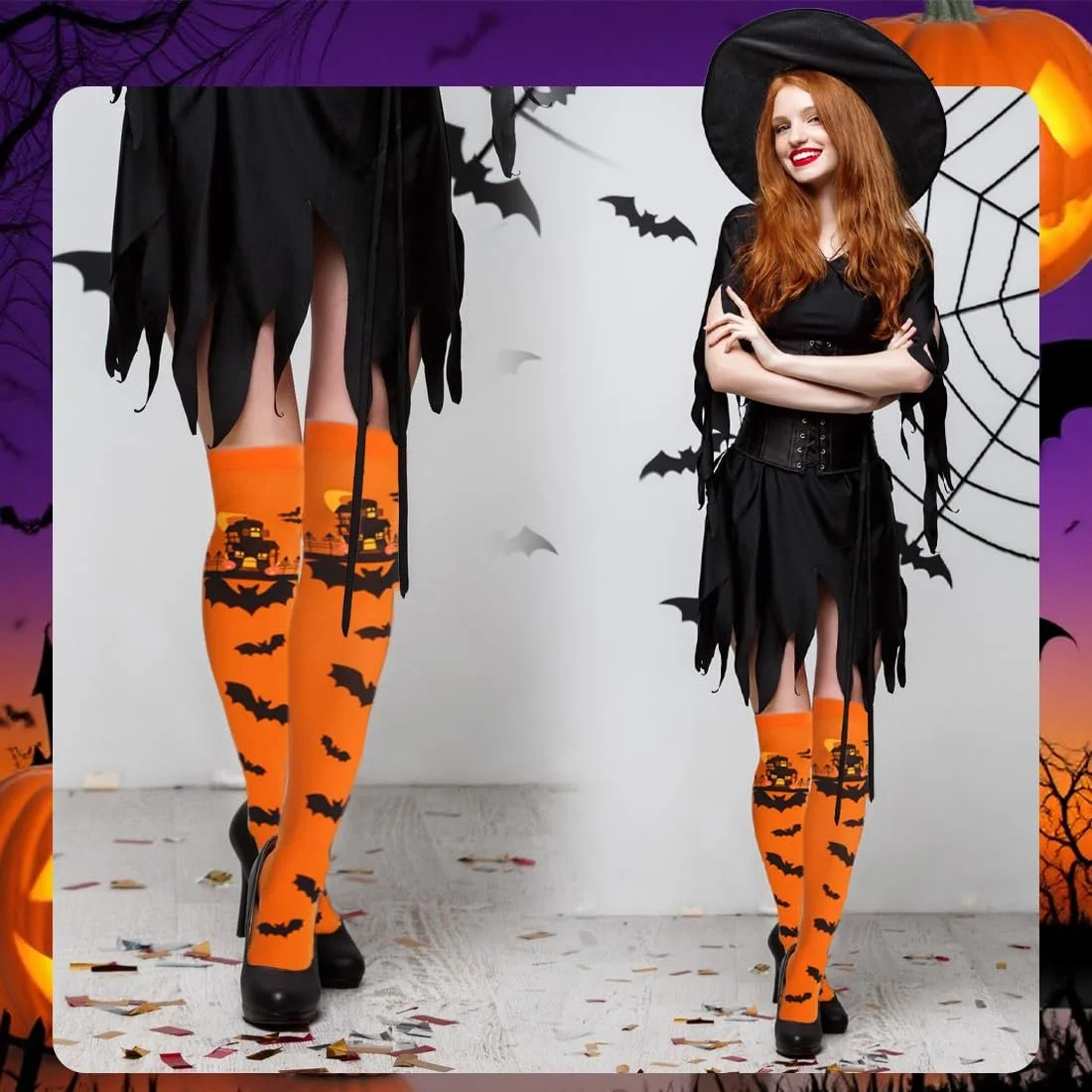 Женские гольфы Bat Pattern, 1 пара, шелковистые, из нейлона, оранжевые, фото №5