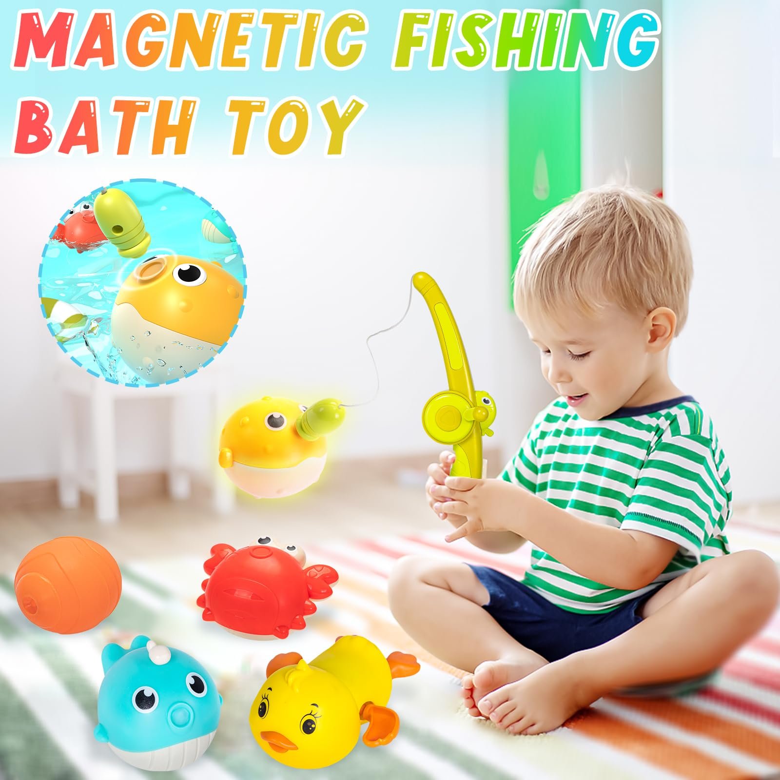 Іграшка для ванни Магнітна риболовля для дітей від 1 року, 7 предметів: 3 магнітні іграшки з підсвічуванням, заводний плаваючий каченя, сачок, вудка, сплеш-м'яч, фото №4