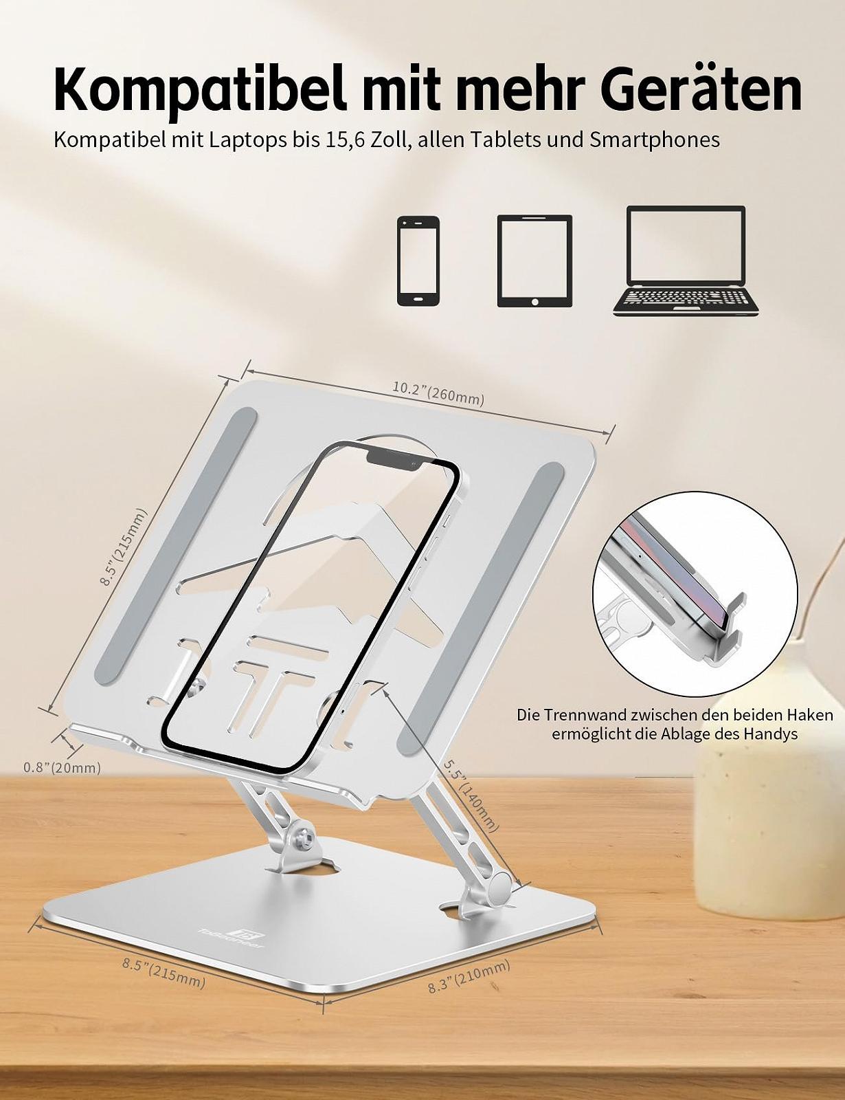 Підставка для ноутбука алюмінієва Ergonomic, регульована по висоті та складана, стабільна та нековзна, покращена вентиляція, до 15.6 дюймів, срібна, фото №6