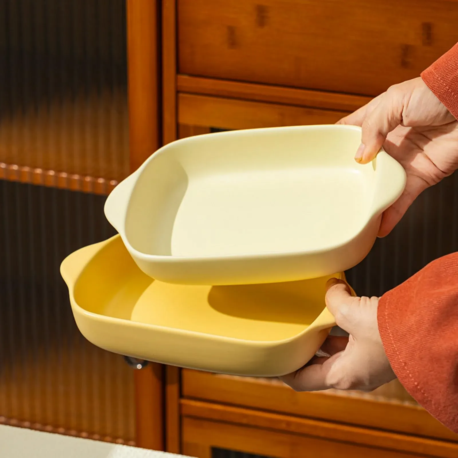 Форма для запекания керамическая набор 2 шт. малая с ручками молочно-желтая, фото №6