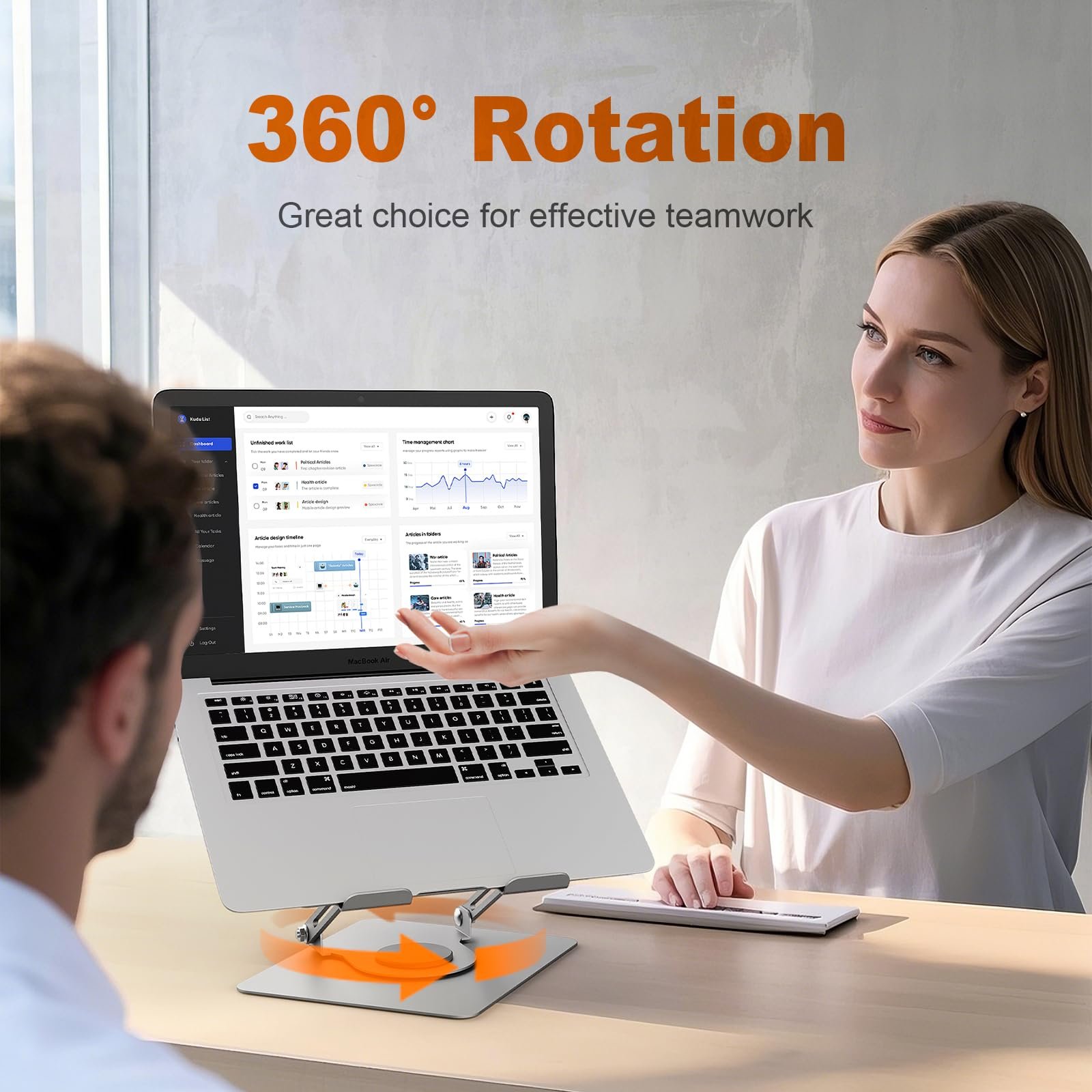 Підставка для ноутбука GRIFEMA, регульована по висоті та складна, основа з обертанням на 360 градусів, стабільна, вентильована та ергономічна, максимальне навантаження 6 кг, сумісна з MacBook Air/Pro, Dell, ноутбуками 11-17 дюймів, срібляста, фото №3