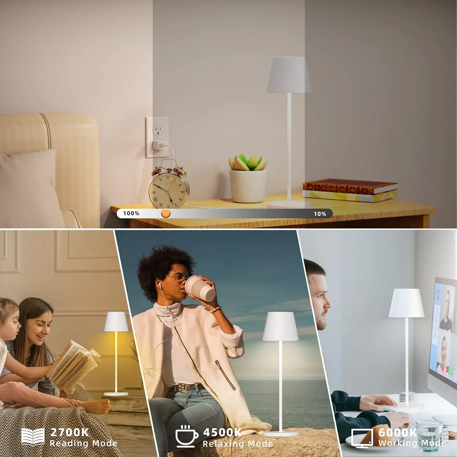 Настільна лампа LED Набір 2 шт. Сенсорна з регулюванням яскравості IP54 Водонепроникна Алюміній Бездротова Біла, фото №4