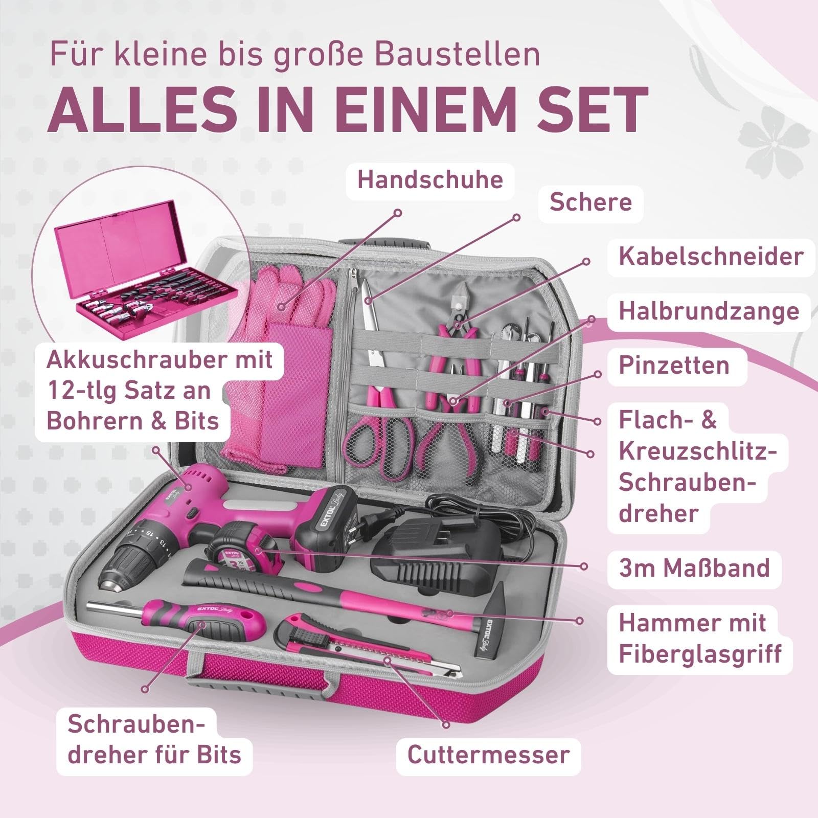 Набір Extol Lady Cordless Drill 27 шт I 12 В Li-Ion жіночий бездротовий шуруповерт рожевий з ударною функцією 2000 мАг I 2-швидкісний бездротовий ударний дриль з сумкою для інструментів I з рожевим футляром, фото №2