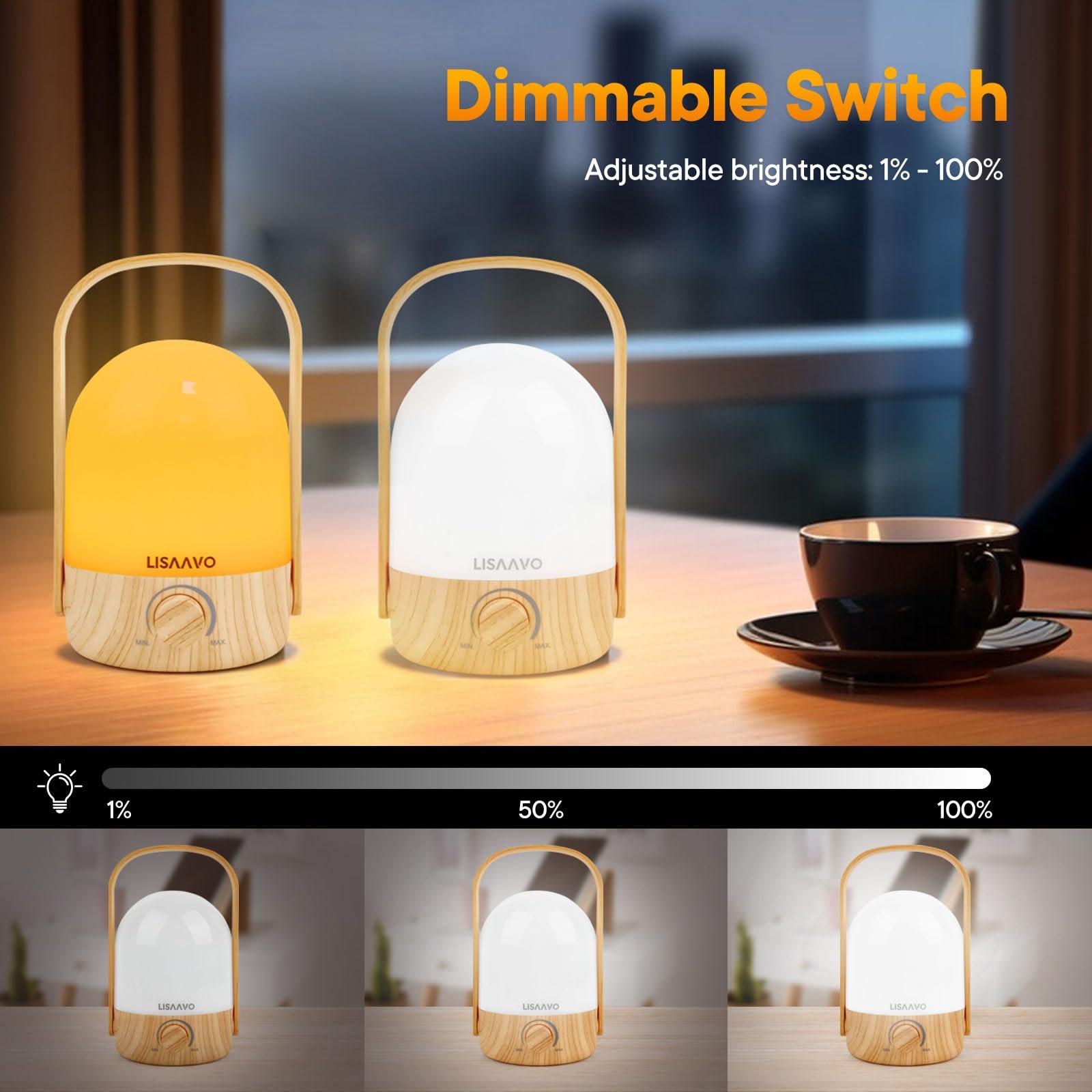 Настільна лампа світлодіодна бездротова з ручкою димована 2 кольори Wood, фото №4