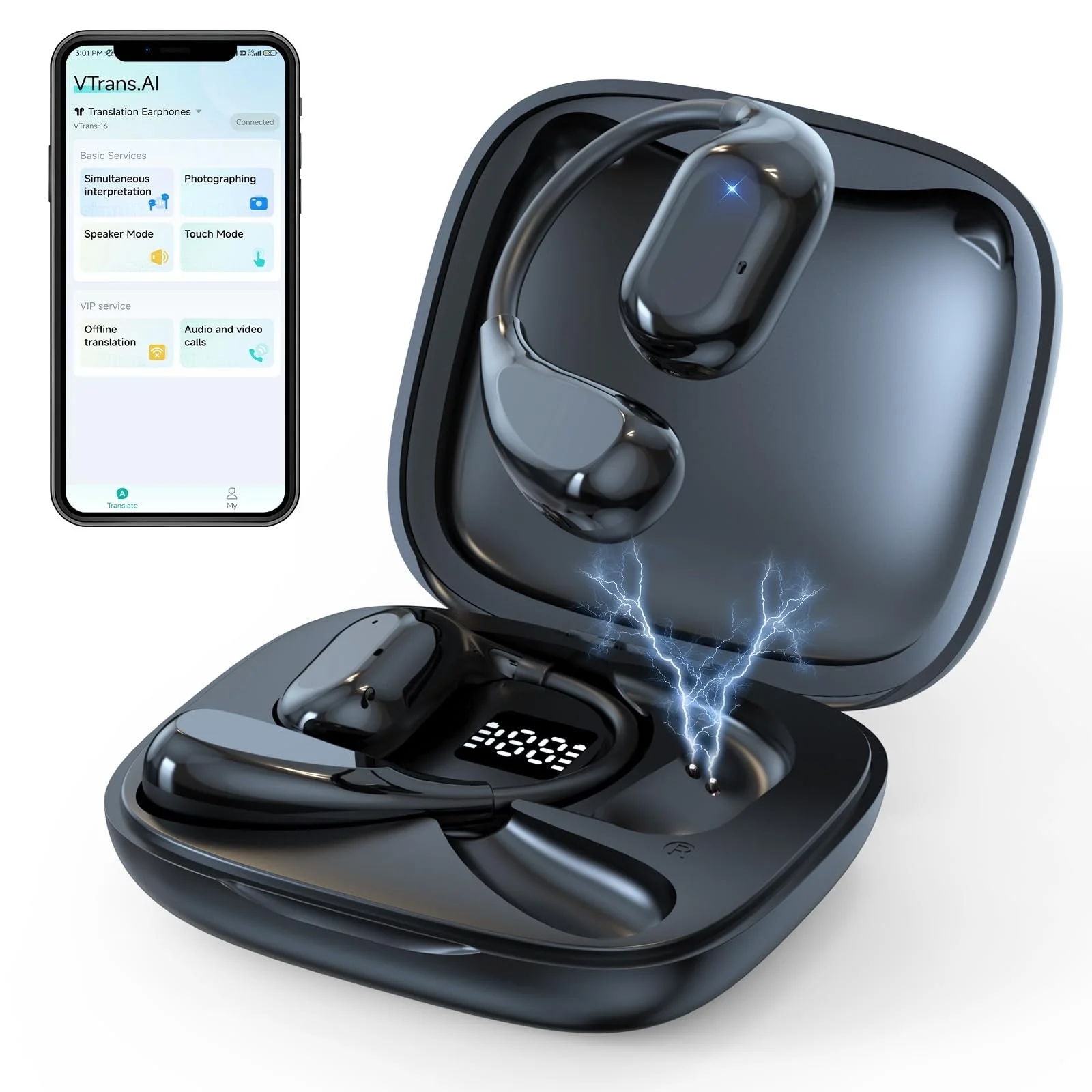 Навушники-перекладачі AI з підтримкою 150 мов, тривалим часом роботи акумулятора, Bluetooth 5.4 та 6 режимами для безперебійної комунікації, фото №1
