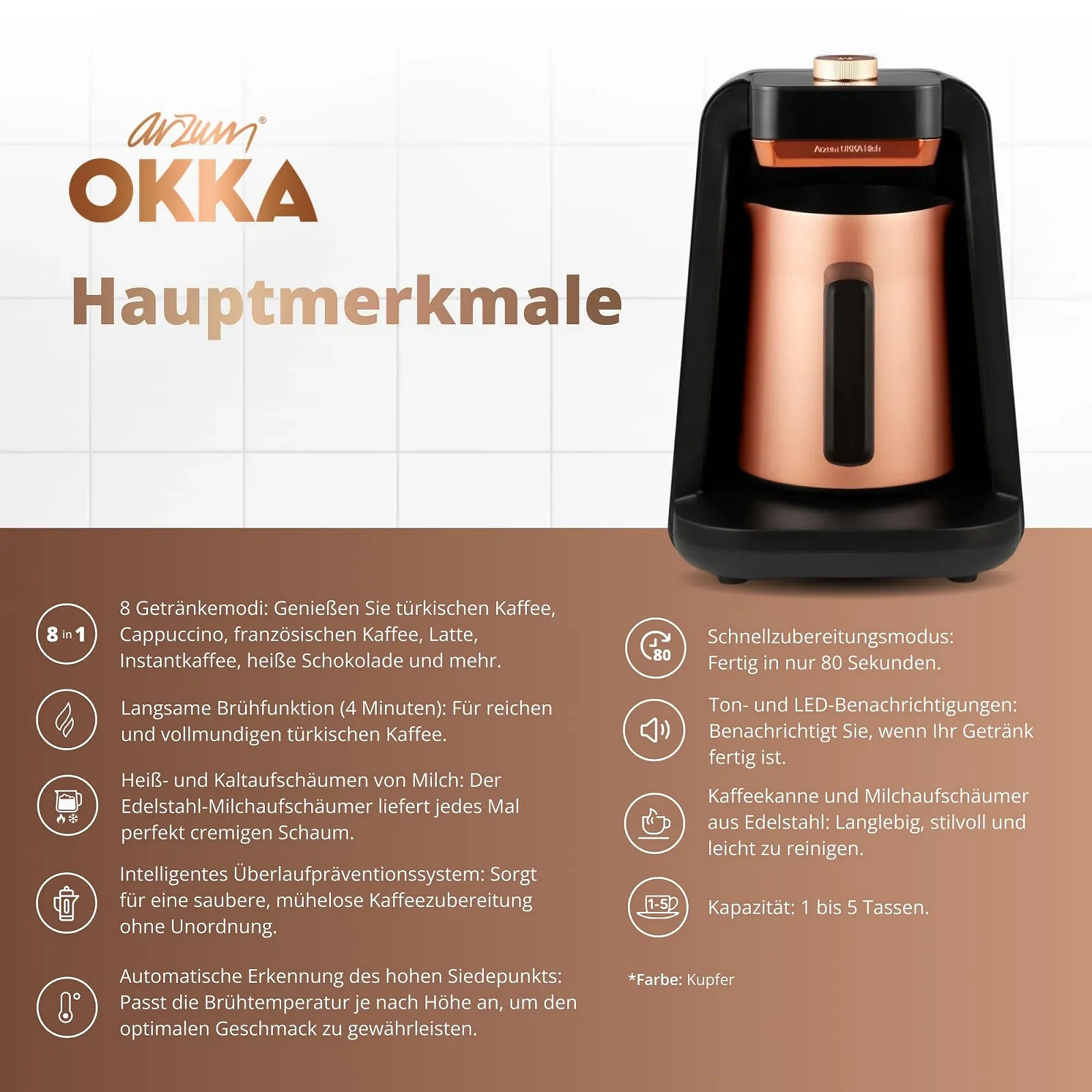 Кофеварка для кофе по-турецки Arzum OKKA RICH SPIN PRO Хром (Медь), фото №4