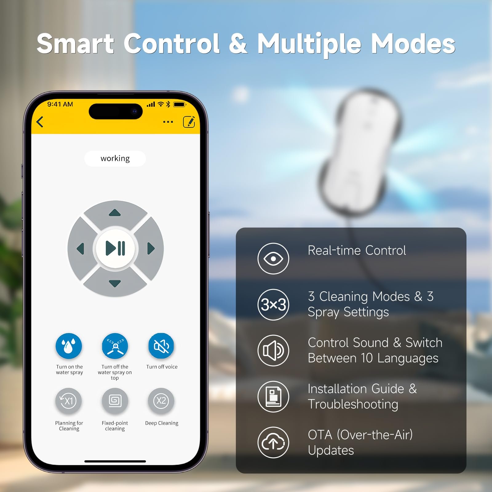 Робот для мытья окон Fmart T11 с автоматической системой распыления на четыре стороны, тройной системой безопасности, интеллектуальной навигацией, дистанционным управлением, для всех гладких поверхностей, с 10 салфетками, фото №3