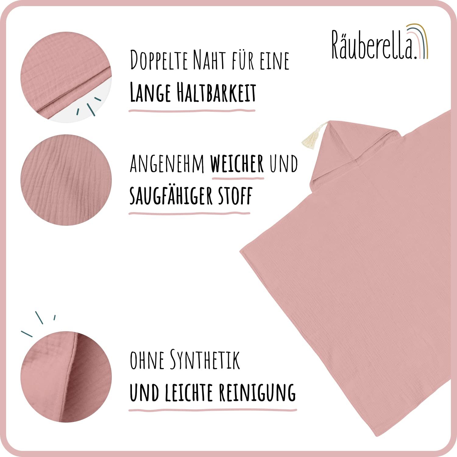 Рушник з капюшоном Räuberella® для малюка, 75 x 100 см, мусліновий рушник для ванни, виготовлений зі 100% органічної бавовни, абсорбуючий дитячий рушник з капюшоном, набір рушників для ванни, включаючи упаковку та картку, рожевий, фото №6
