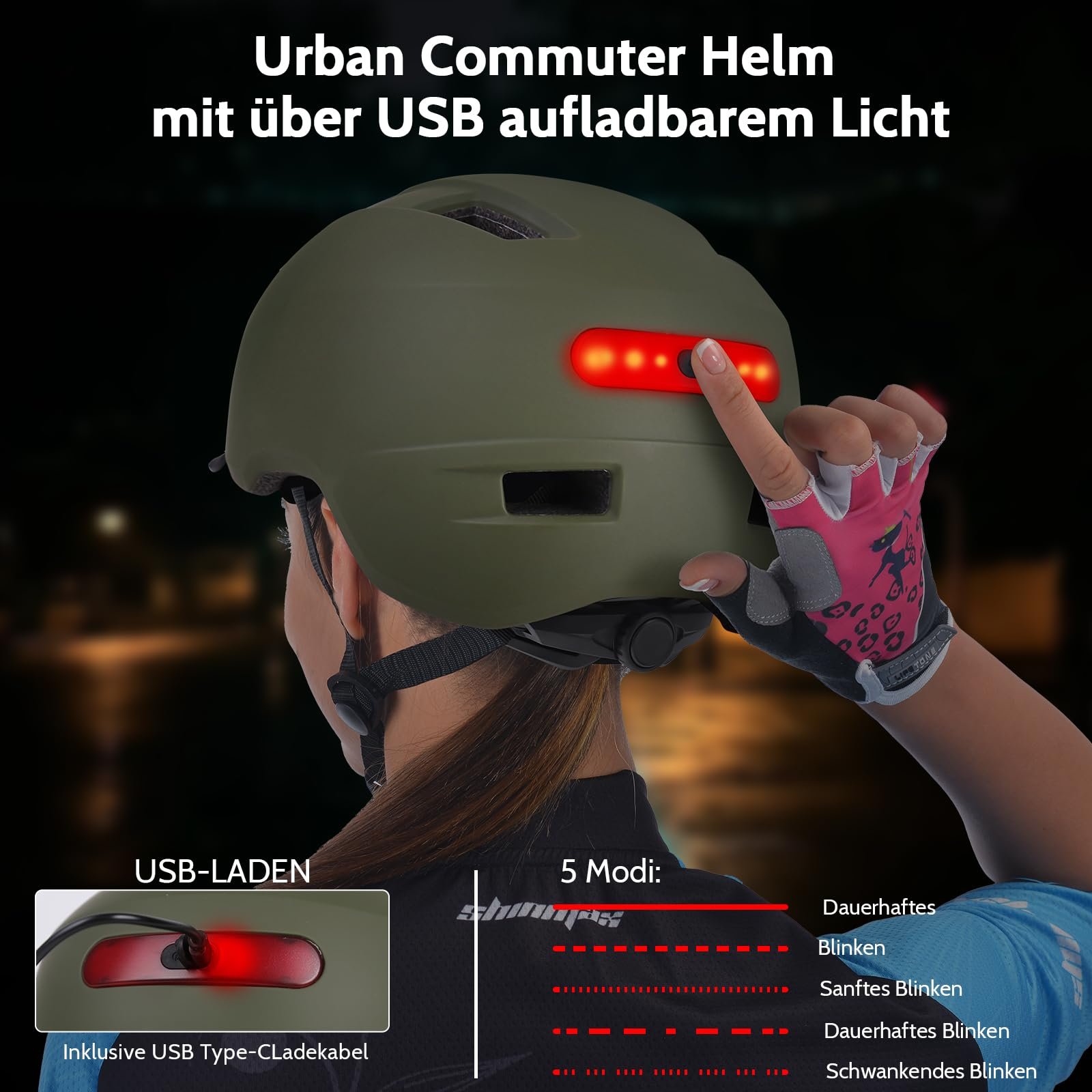 Шолом Shinmax з USB ліхтарем, 5 режимів, з козирком, розмір M, L, XL, фото №3