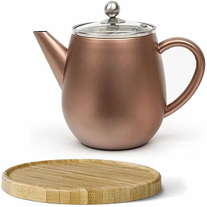 Чайник-заварник Bredemeijer 1.1 літра, нержавіюча сталь, з подвійними стінками, бронзово-коричневий, набір з коричневою дерев'яною підставкою - Фото 1