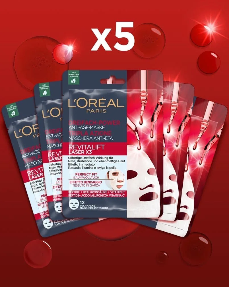 Тканевая маска L'Oréal Paris RevitaLift Laser X3 Anti-Ageing с тройным действием для женщин: для упругой, сияющей и ровной кожи с про-ретинолом, витамином C и гиалуроновой кислотой, набор из 5 штук, фото №3