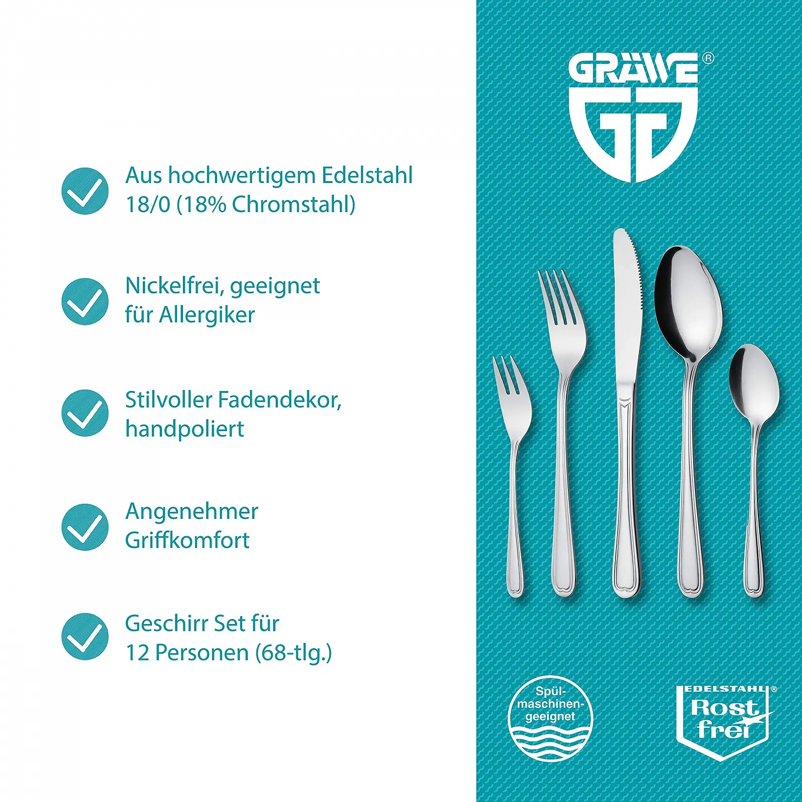 Набір столових приборів GRAEWE Salzburg для 12 осіб, нержавіюча сталь, без нікелю, полірований вручну, можна мити в посудомийній машині, фото №2