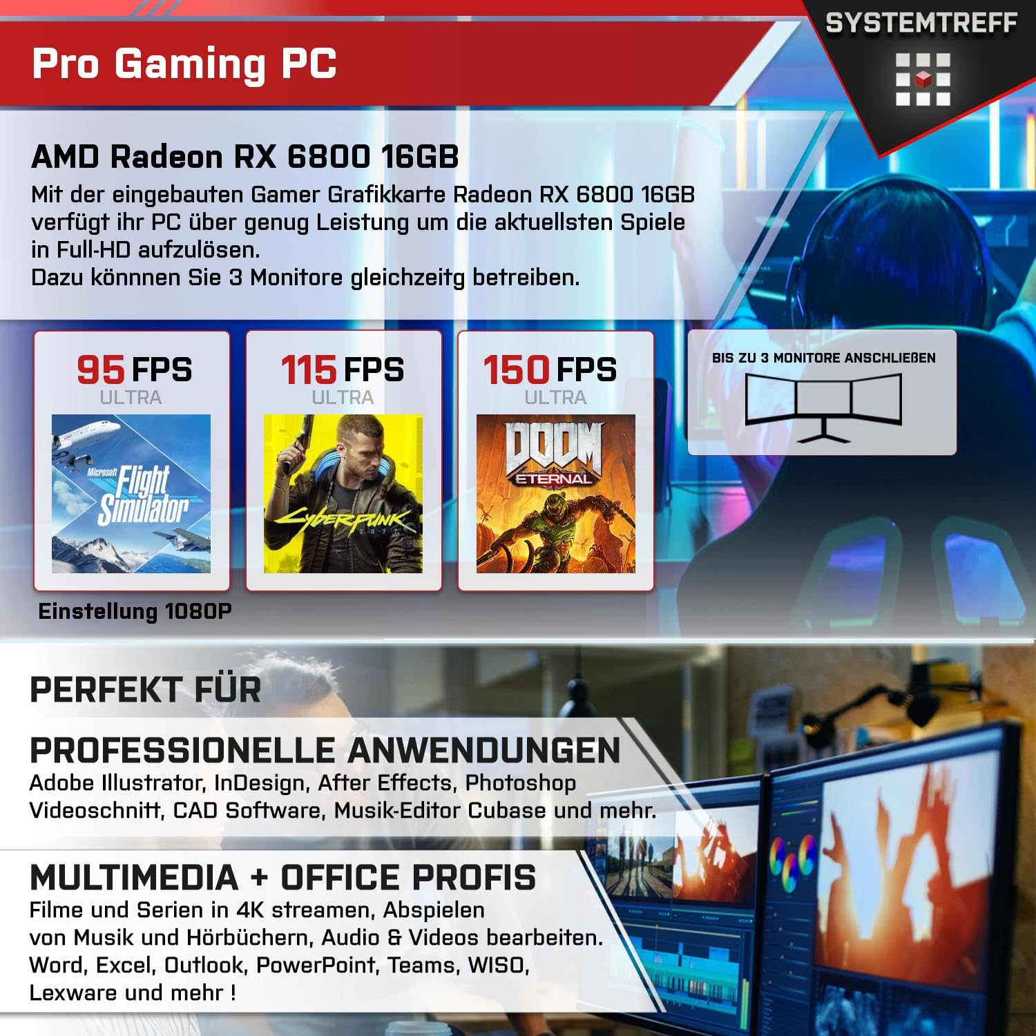 ПК SYSTEMTREFF Gaming High-End AMD Ryzen 7 7800X3D RX 6800 1TB M.2 NVMe 32GB DDR5 WLAN, фото №5