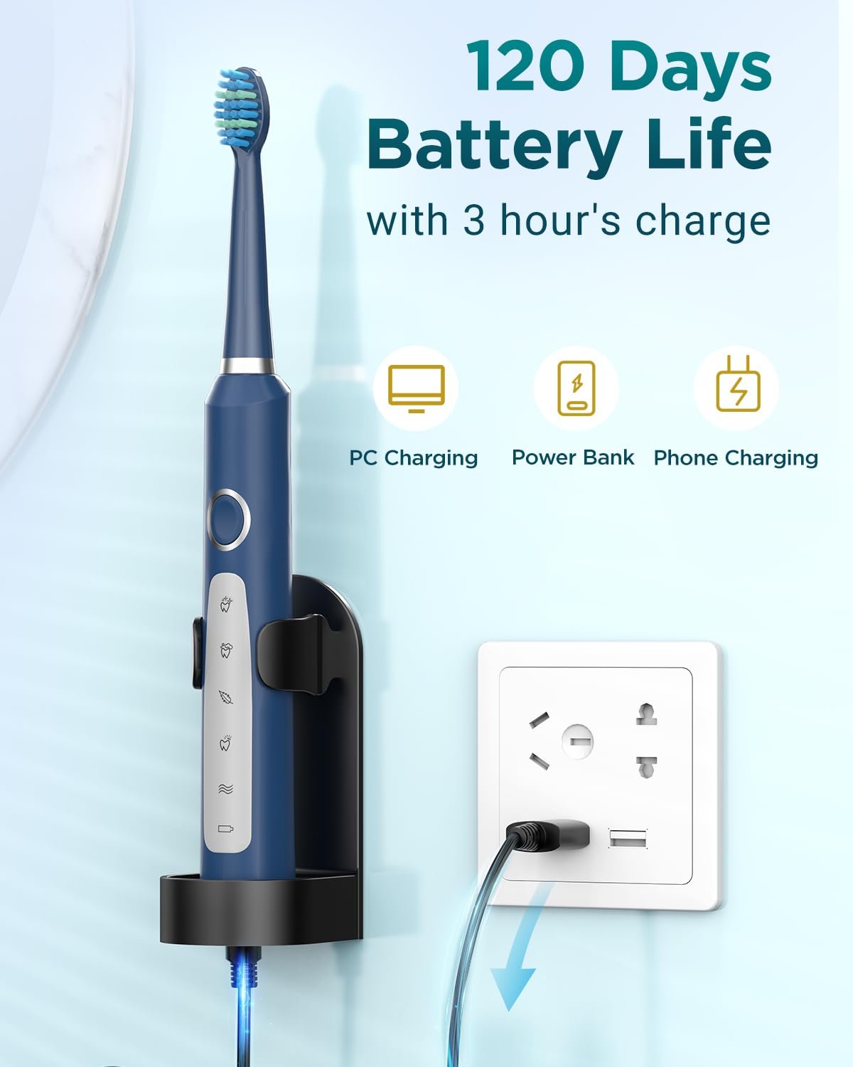 Зубная щетка COULAX Electric Sonic, электрическая, звуковая для взрослых, 8 насадок, 5 режимов, IPX7, ультразвуковая, темно-синяя, фото №5