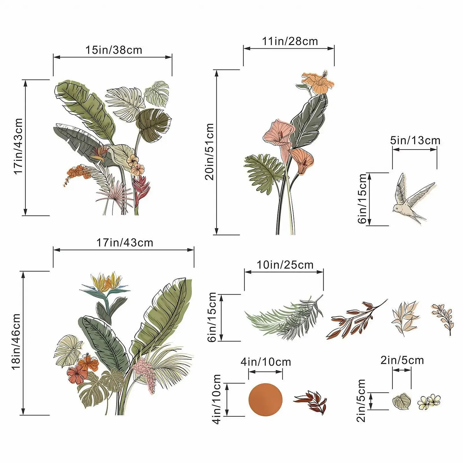 Наклейка на стіну Amimagen Boho Tropical Leaves Тропічне листя Зелені рослини Квіти, фото №4