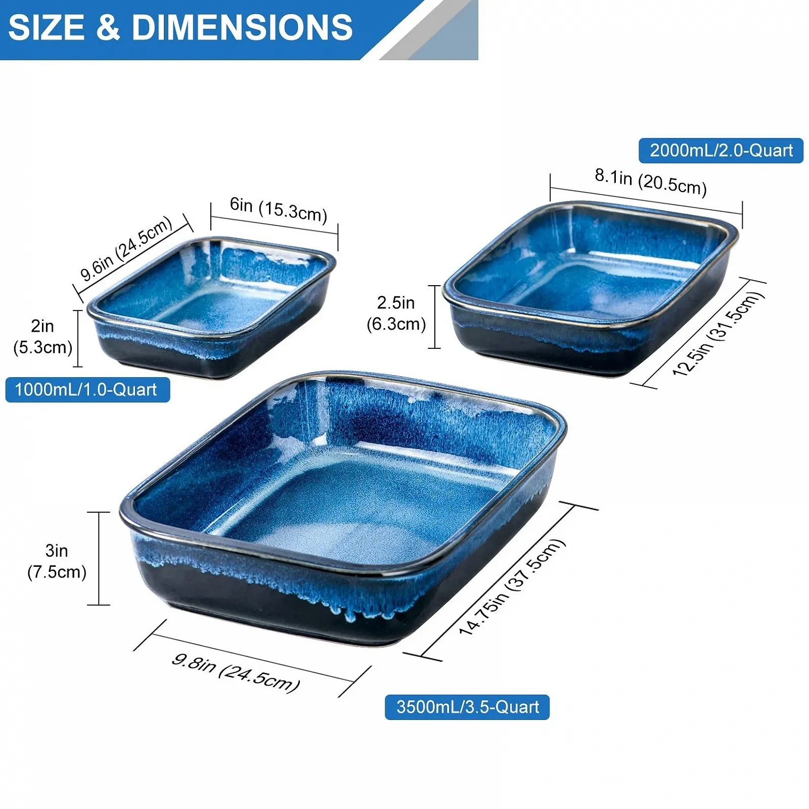 Форма для запекания UNICASA керамическая, квадратная, с ручками Синяя, фото №2 Форма для запекания UNICASA керамическая, квадратная, с ручками Синяя, фото №2
