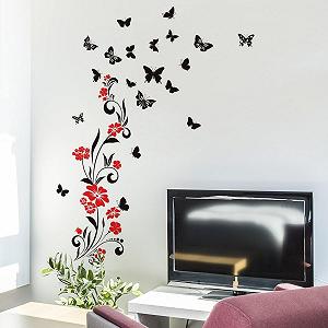 Наклейка на стіну Квіти з метеликами Флористична Чорно-червона 118 x 80 см ПВХ synthetic.ua - Фото 1