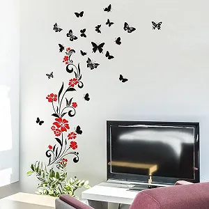 Наклейка на стіну Квіти з метеликами Флористична Чорно-червона 118 x 80 см ПВХ synthetic.ua - Фото 1