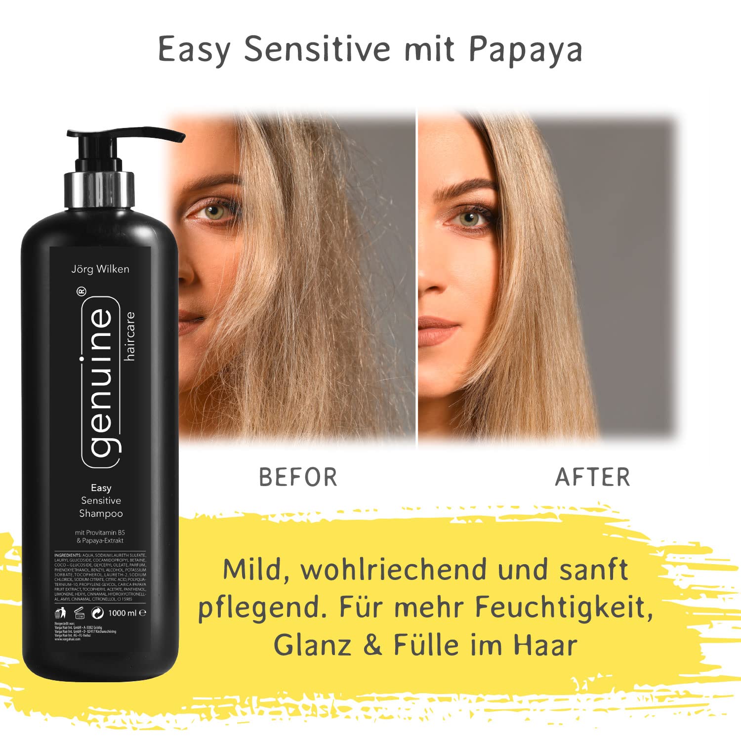 Шампунь Easy Sensitive Mild pH Neutral Moisture для всех типов волос, успокаивает кожу головы, придаёт эластичность, объём и блеск, 1000 мл, фото №5