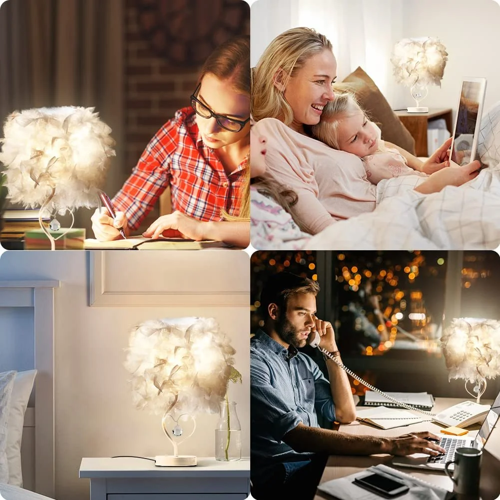 Настільна лампа E27 LED 3000-4000 K пір'яний плафон кришталева підвіска Біла, фото №6