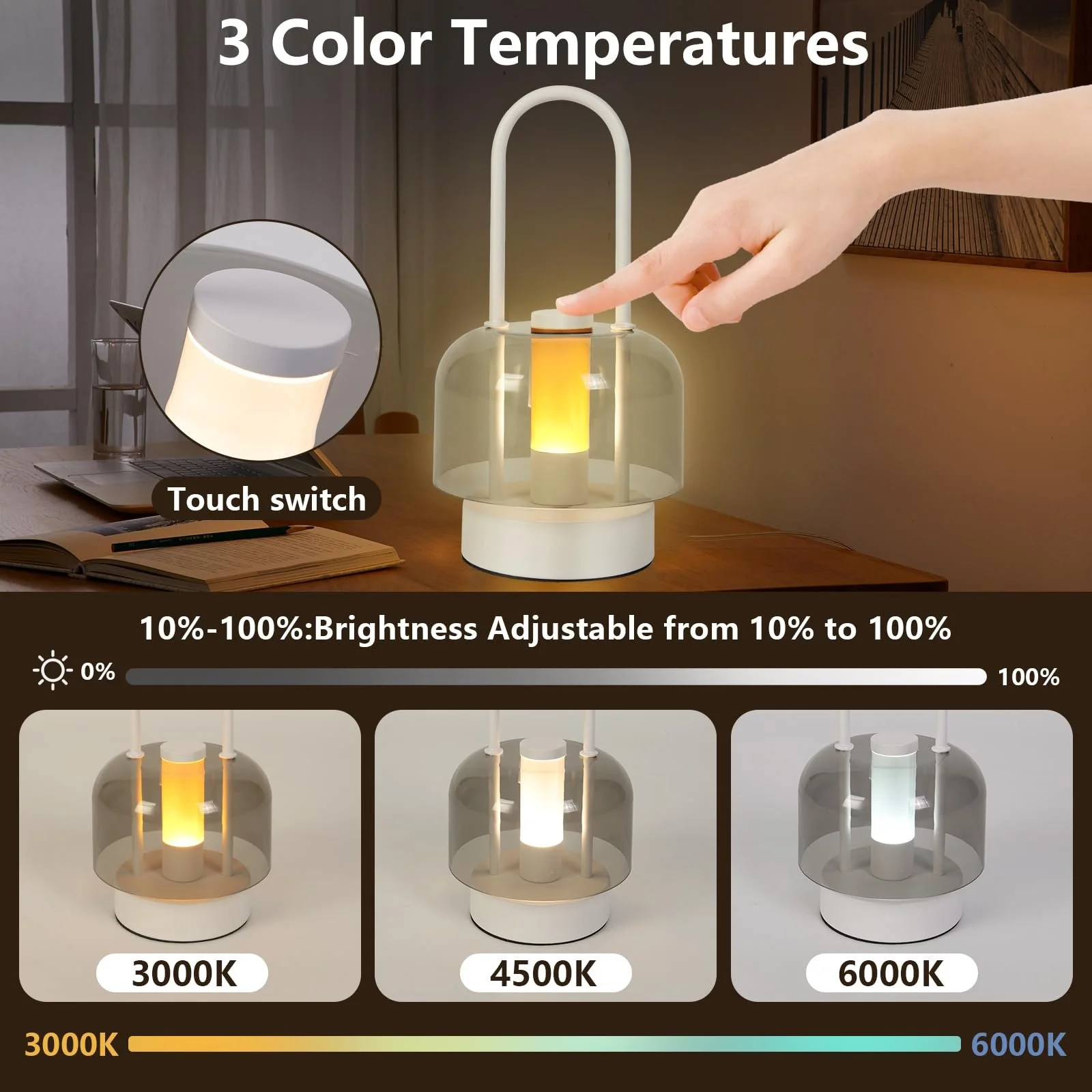 Настільна лампа LED Wireless Battery Dimmable Touch USB 3000 мАг Чорний, фото №3