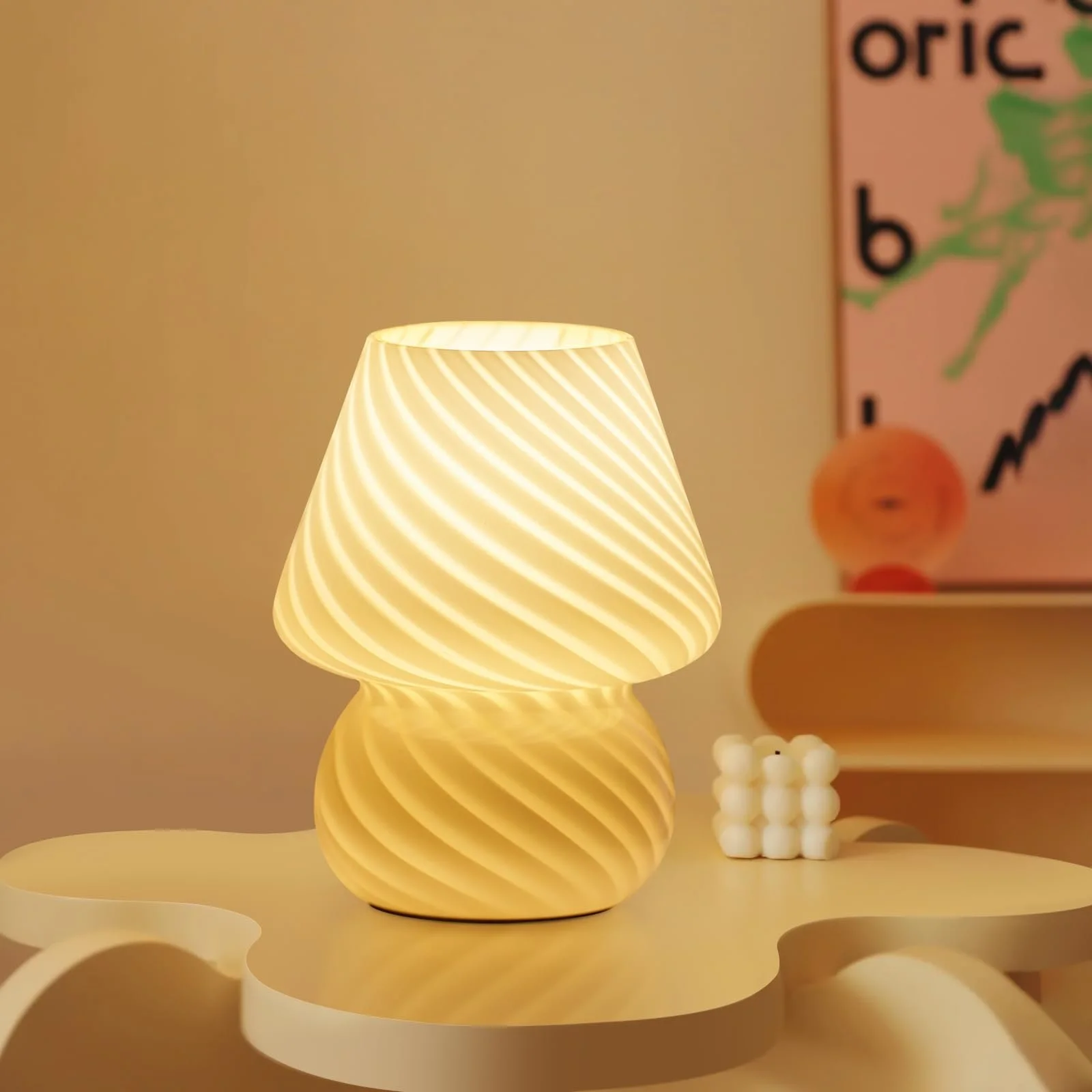 Настільна лампа ONEWISH Mushroom Смугасте скло Приліжкова E26 LED Yellow Cream, фото №1