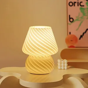 Настільна лампа ONEWISH Mushroom Смугасте скло Приліжкова E26 LED Yellow Cream - Фото 1