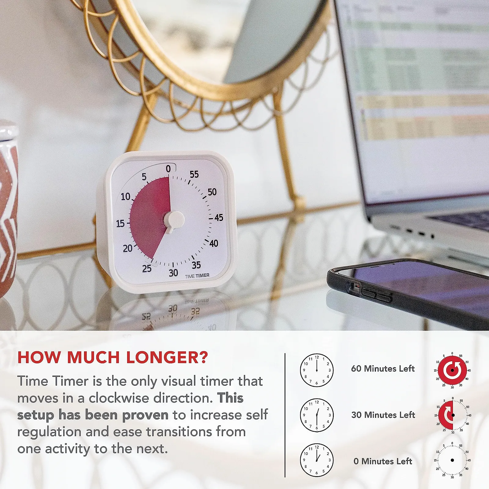 Визуальный таймер Time Timer Home MOD Home Edition 60 минут бесшумный Белый (Sheet White), фото №3