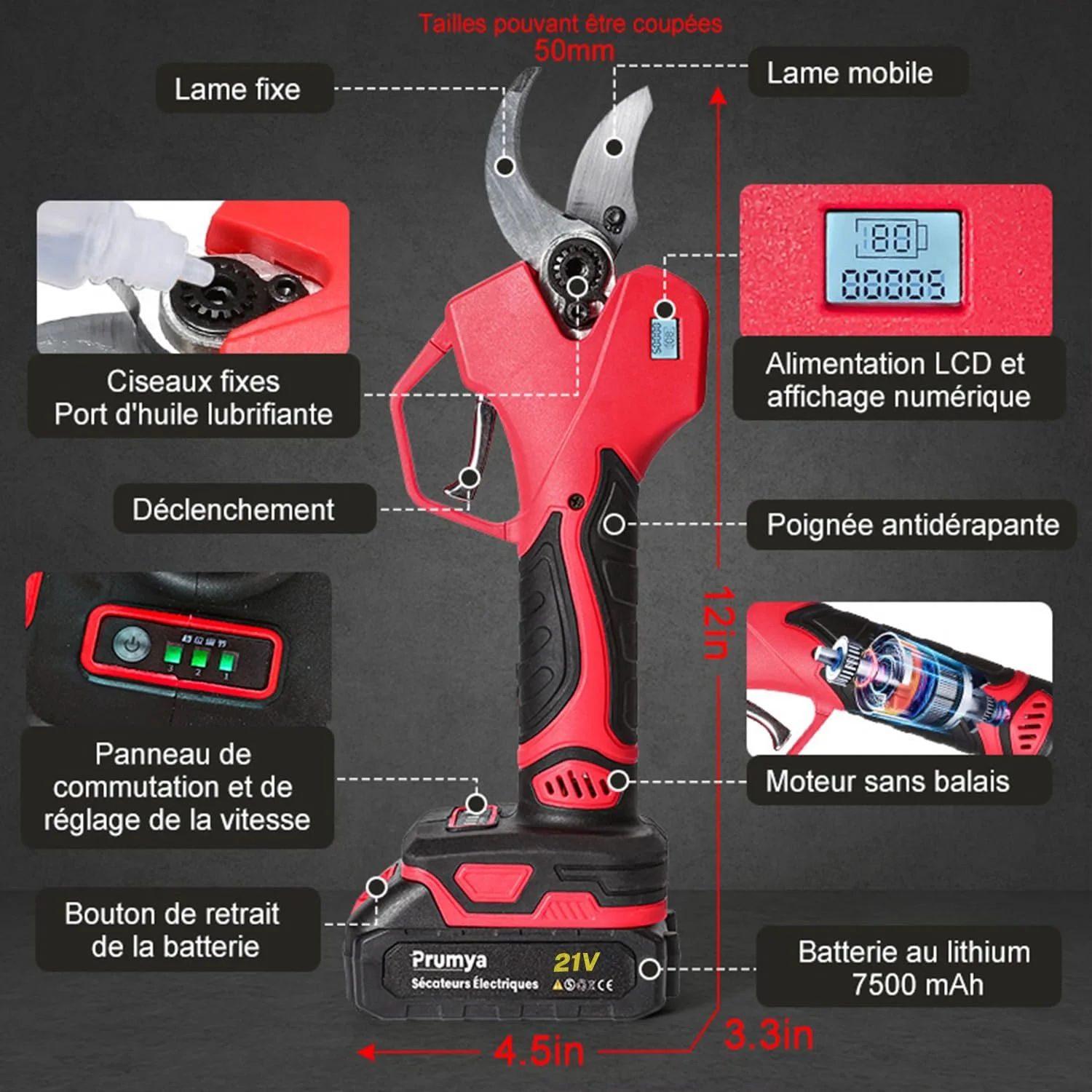 Акумуляторний електричний секатор 50 мм 1000 W 2 x 6000 mAh LCD-дисплей, фото №5