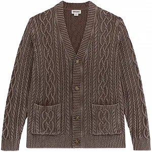 Чоловічий в'язаний кардиган GUESS / Коричневий з косами / Розмір M - Фото 1