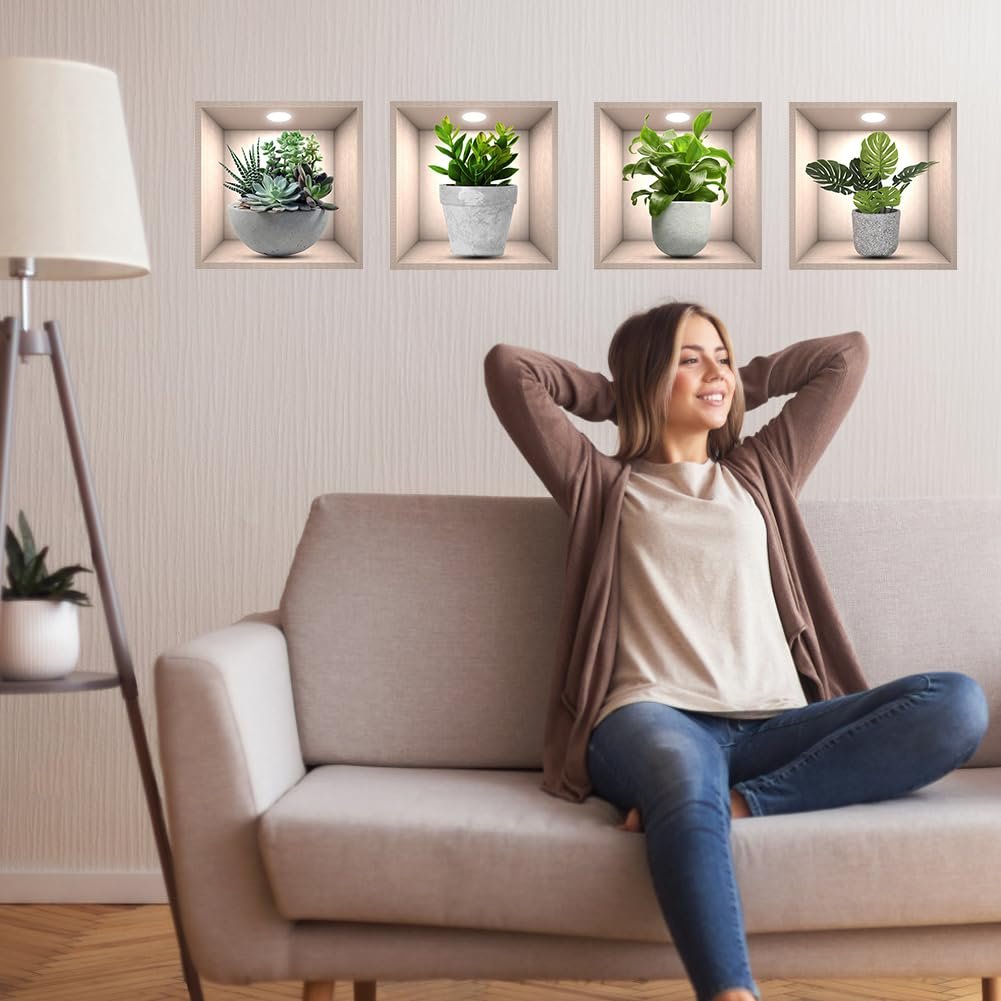 Наклейки на стіну Рослини 4 штуки 3D Реалістичні водонепроникні вінілові знімні Зелені, фото №2