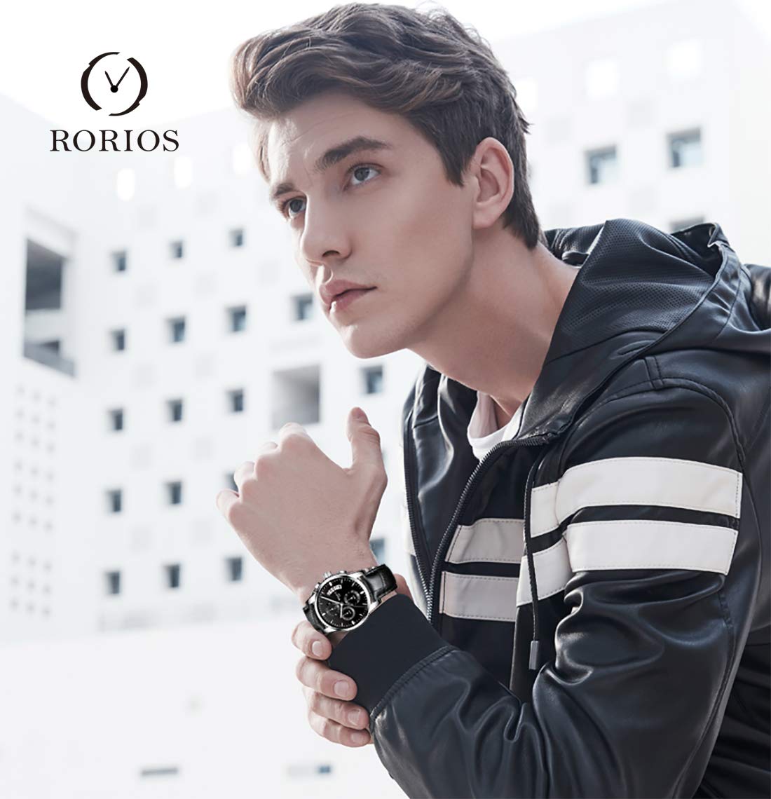 Наручний годинник rorios Чоловічий Аналоговий Кварцовий Хронограф Фешн Шкіряний ремінець з Люминесцентним Циферблатом та Календарем, фото №2