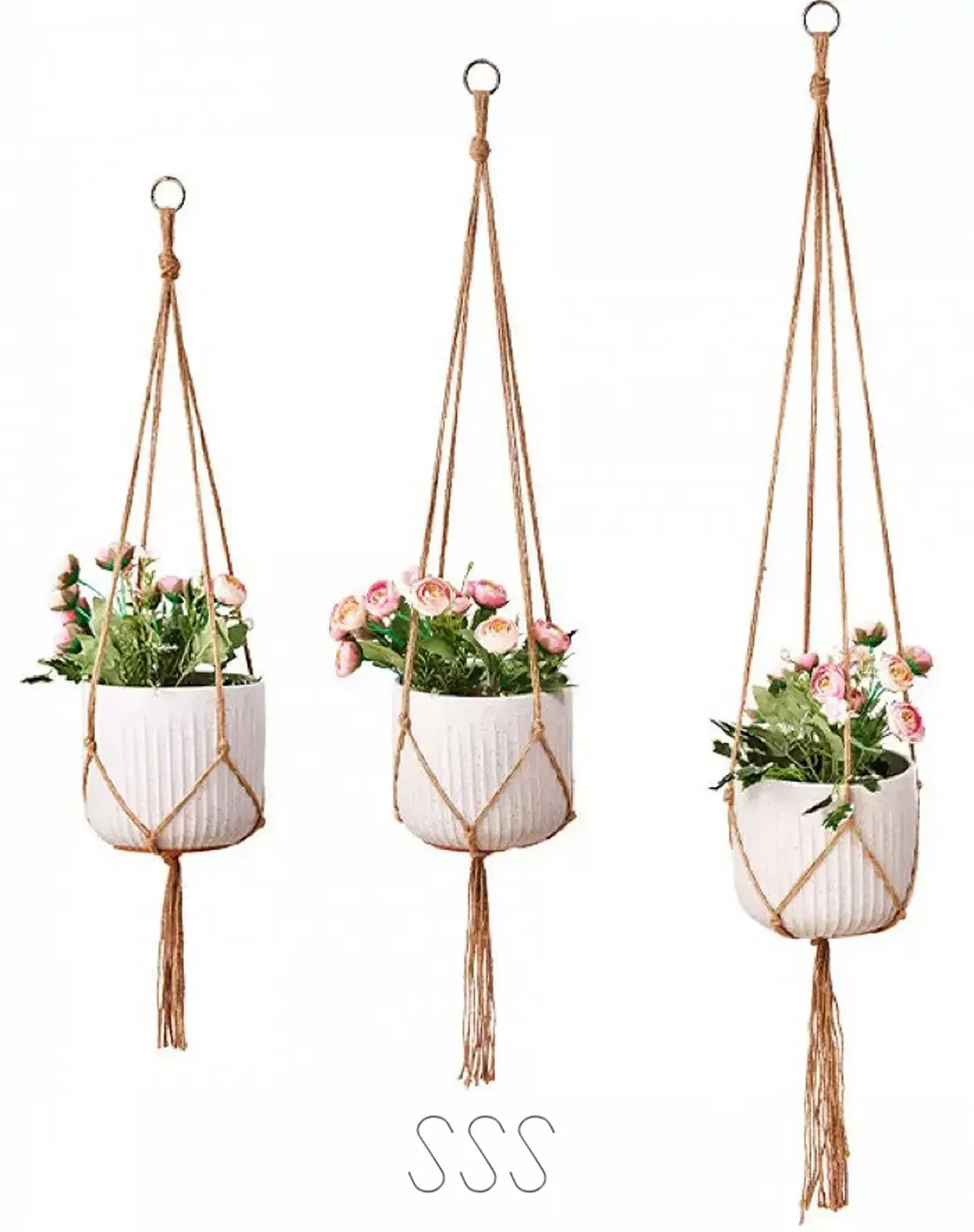 Підвісні кашпо макраме бавовняні, набір 3 шт., 90/105/120 см, з металевими гачками, фото №1