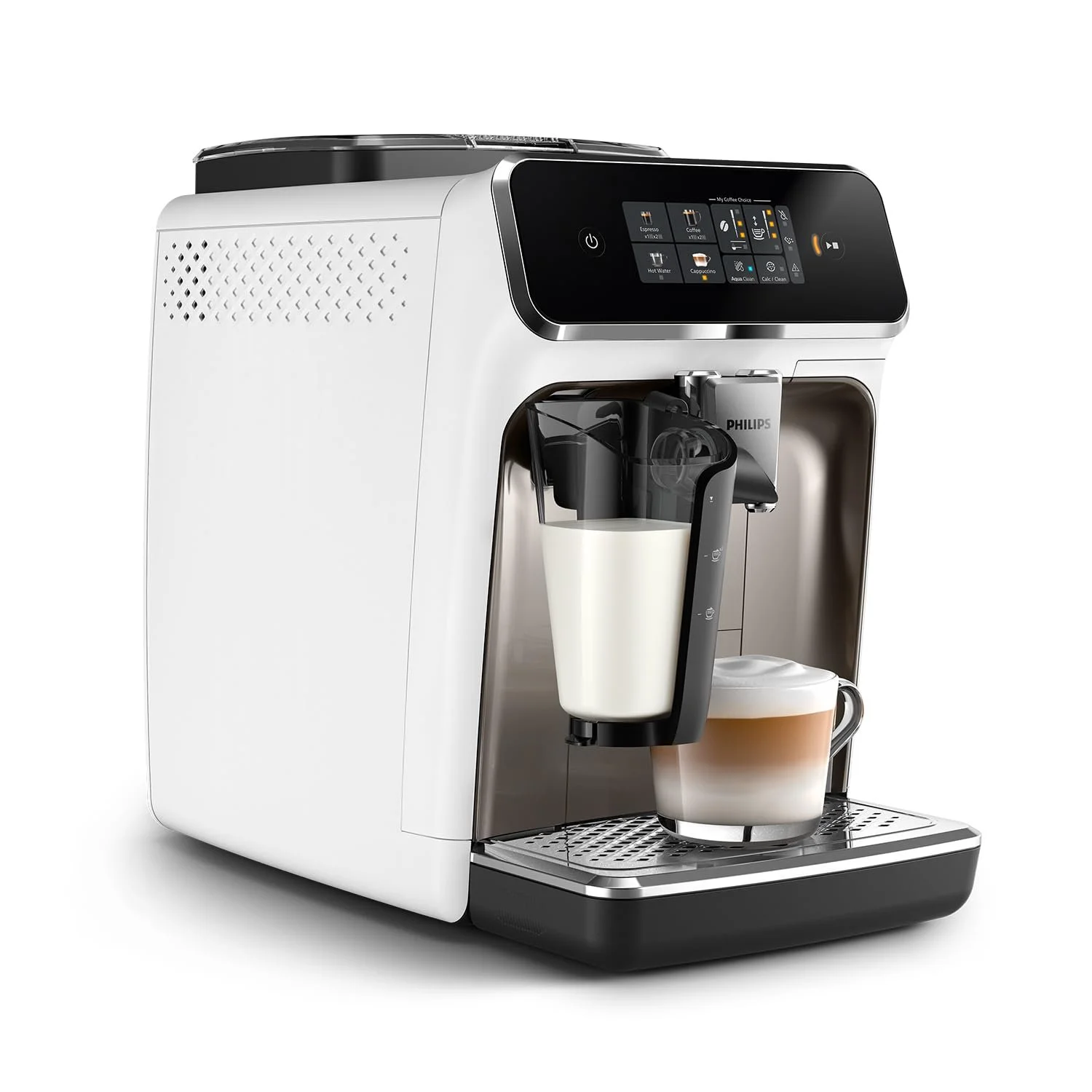 Эспрессо-машина автоматическая Philips 2300 series LatteGo EP2333/40, 4 напитка в одно касание, система LatteGo, SilentBrew, белая с хромом, фото №2 Эспрессо-машина автоматическая Philips 2300 series LatteGo EP2333/40, 4 напитка в одно касание, система LatteGo, SilentBrew, белая с хромом, фото №2