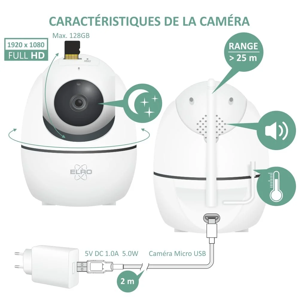 Відеоняня ELRO BC2000 Premium Full HD 5 дюймів біла, фото №3 Відеоняня ELRO BC2000 Premium Full HD 5 дюймів біла, фото №3