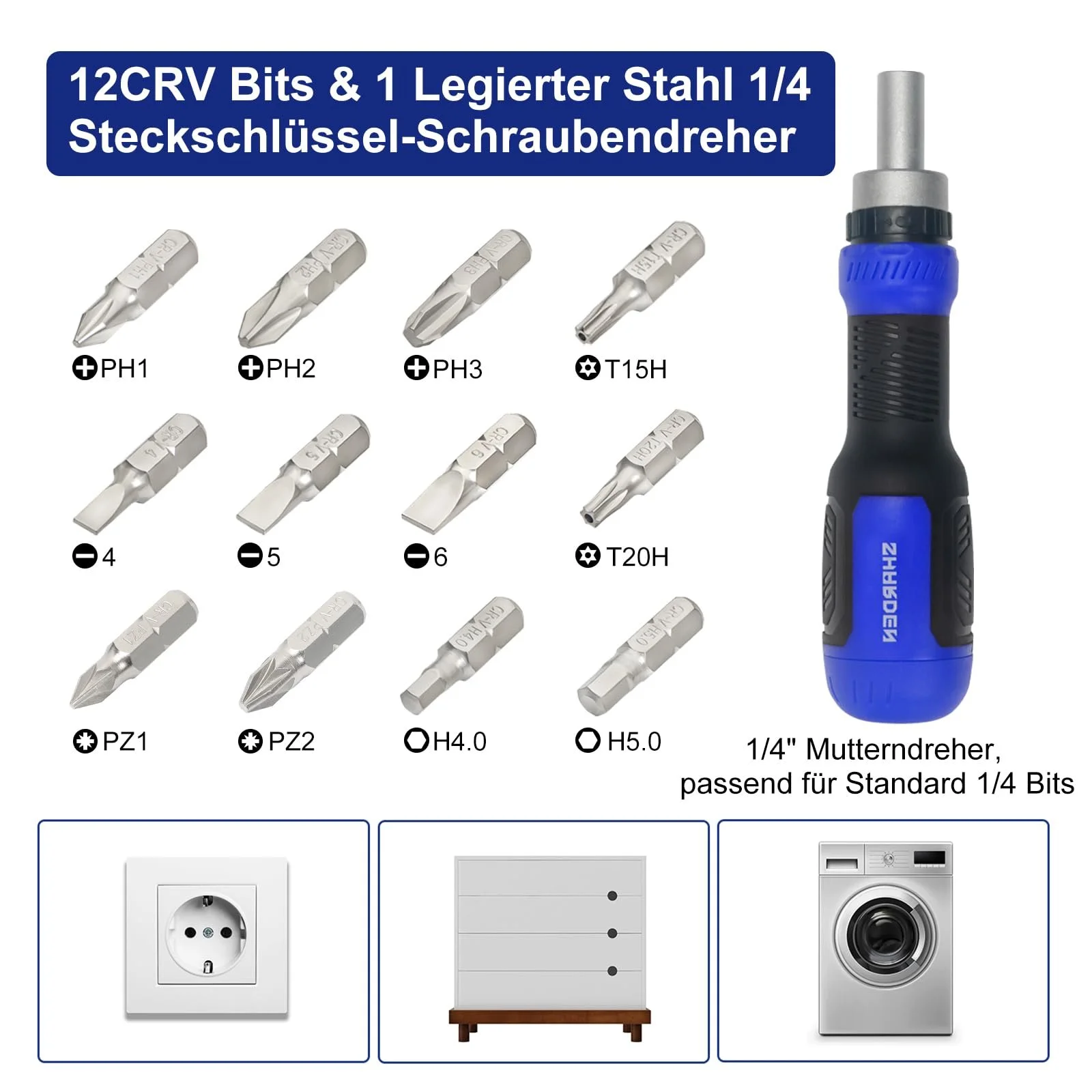 Викрутка з тріскачкою SHARDEN 13-в-1 Torx Slotted Phillips Hexagonal Pozidriv 1/4 дюйма Nut Wrench, фото №3