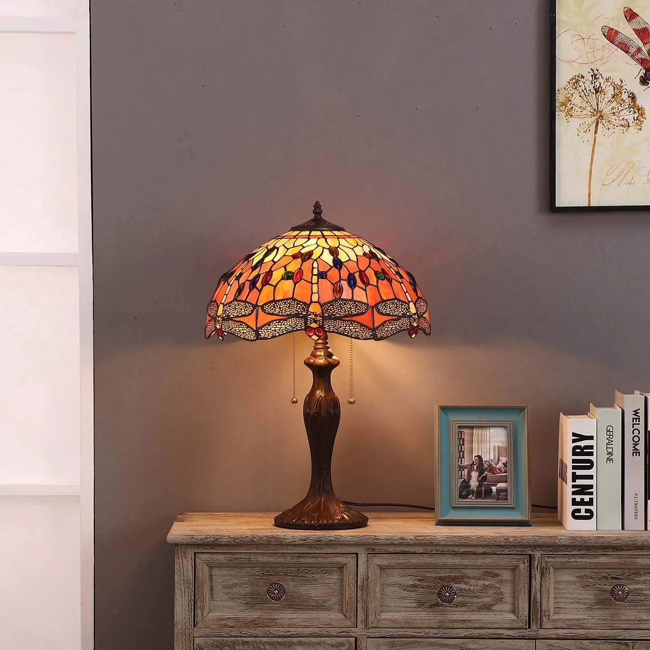 Настільна лампа Bieye Tiffany Style L30711 з вітражного скла Бабка Помаранчева 24", фото №2