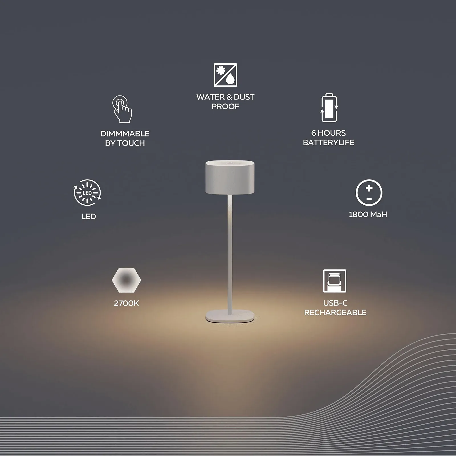 Настільна лампа CALEX Serino акумуляторна бездротова димована тепла біла водонепроникна алюмінієва Пісочна, фото №2