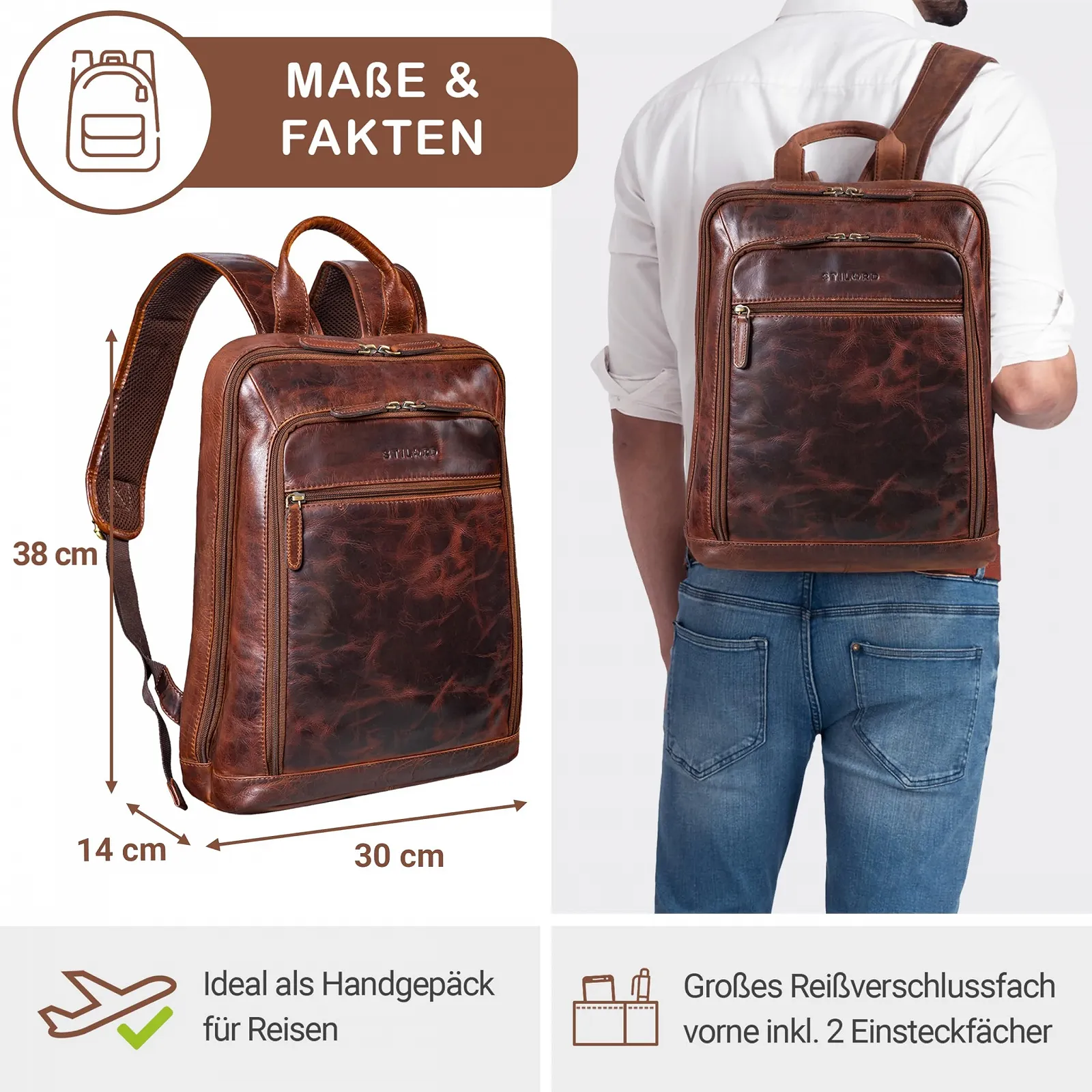 Рюкзак для ноутбука STILORD Watson 15.6 дюйма кожаный бизнес XL DIN A4 винтаж Florida - Brown, фото №4