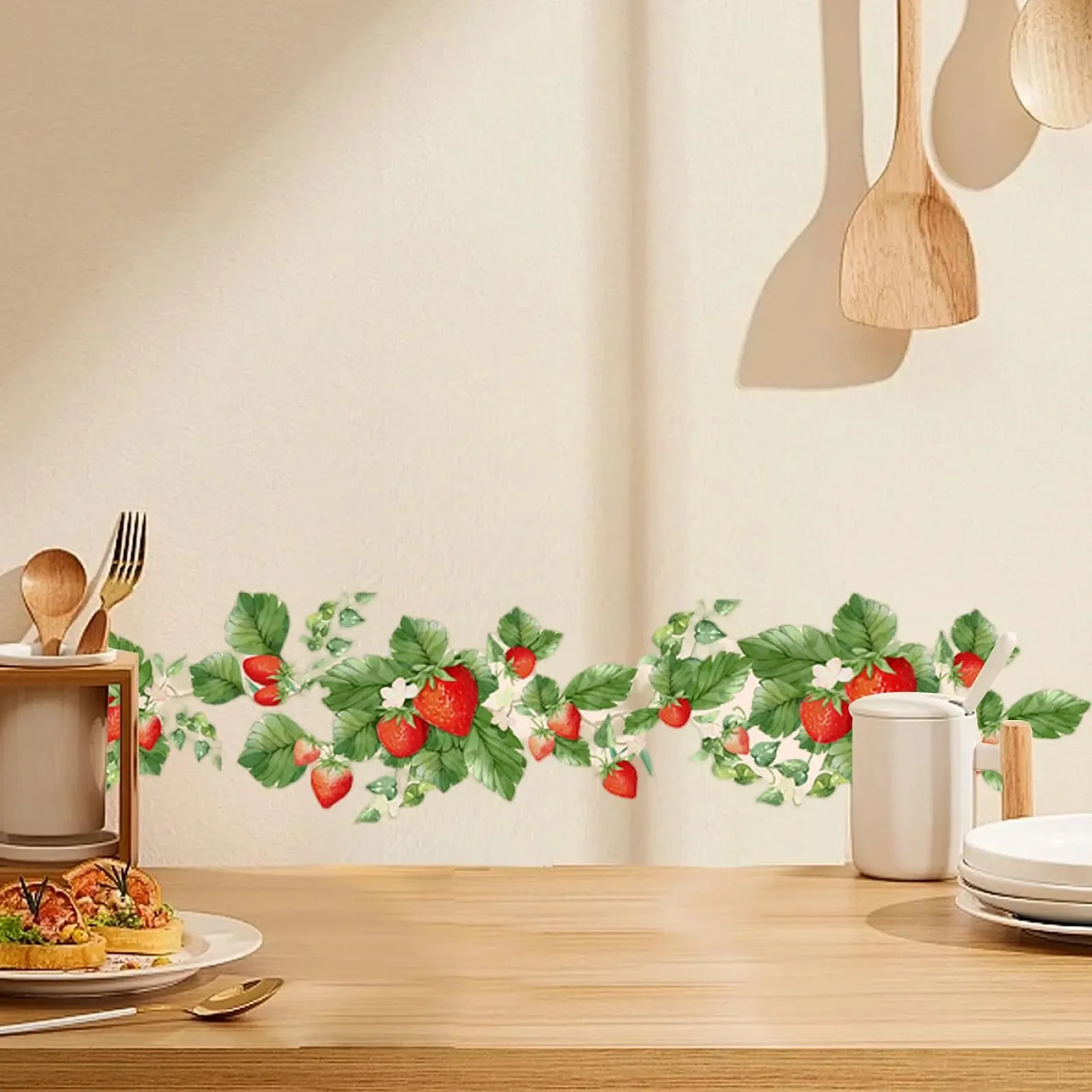 Наклейки на стіну Полуниця та лоза Самоклеючі 2 шт. 6 x 24 дюйми Червоний/Зелений, фото №3