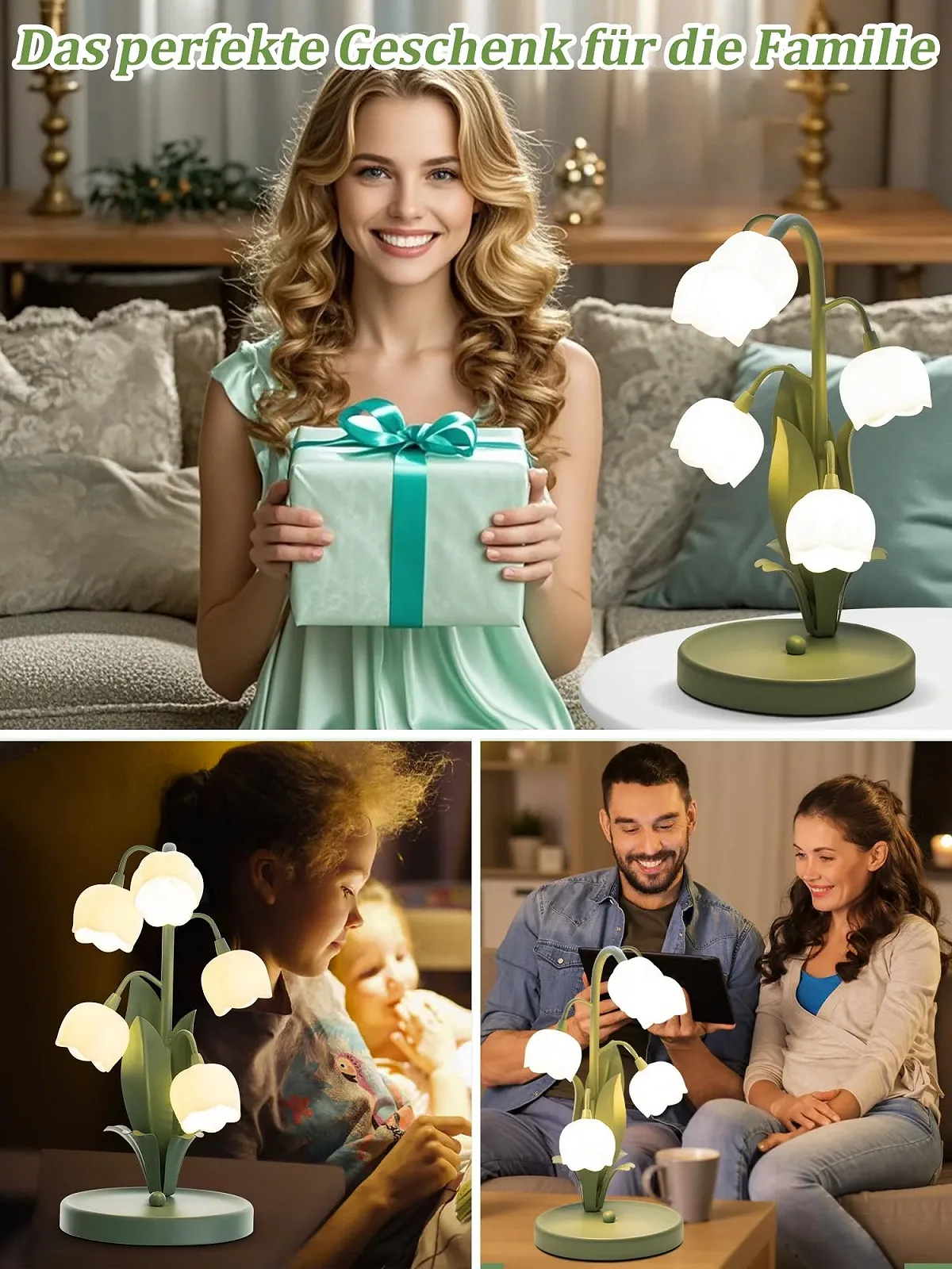 Настільна лампа Flower 5 лілій вінтажна зелена 3 режими кольору LED приліжкова для читання, фото №5