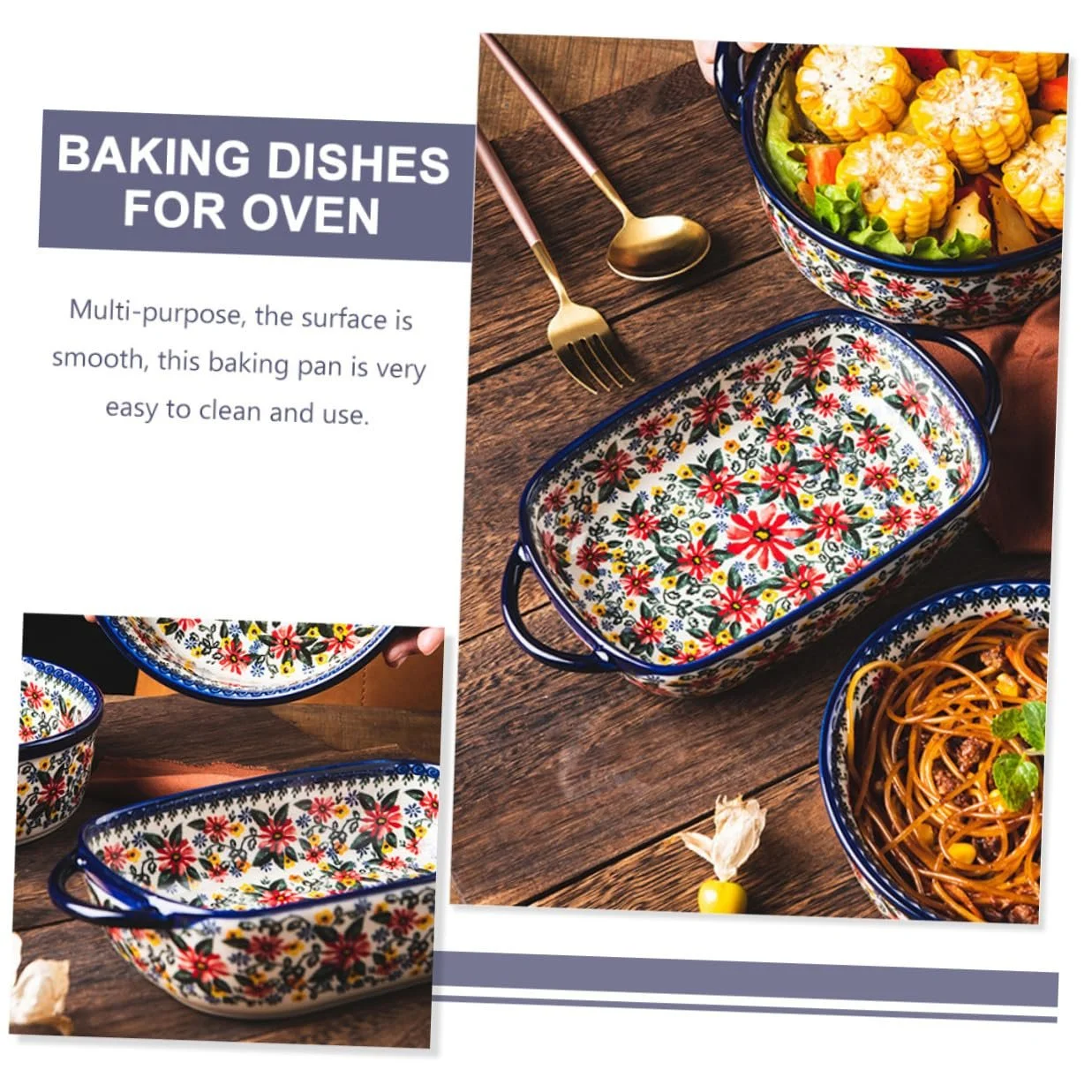 Керамическая форма для выпекания Прямоугольная кастрюля-сотейник с двойными ручками Эргономичная функция подогрева Польский дизайн, фото №2